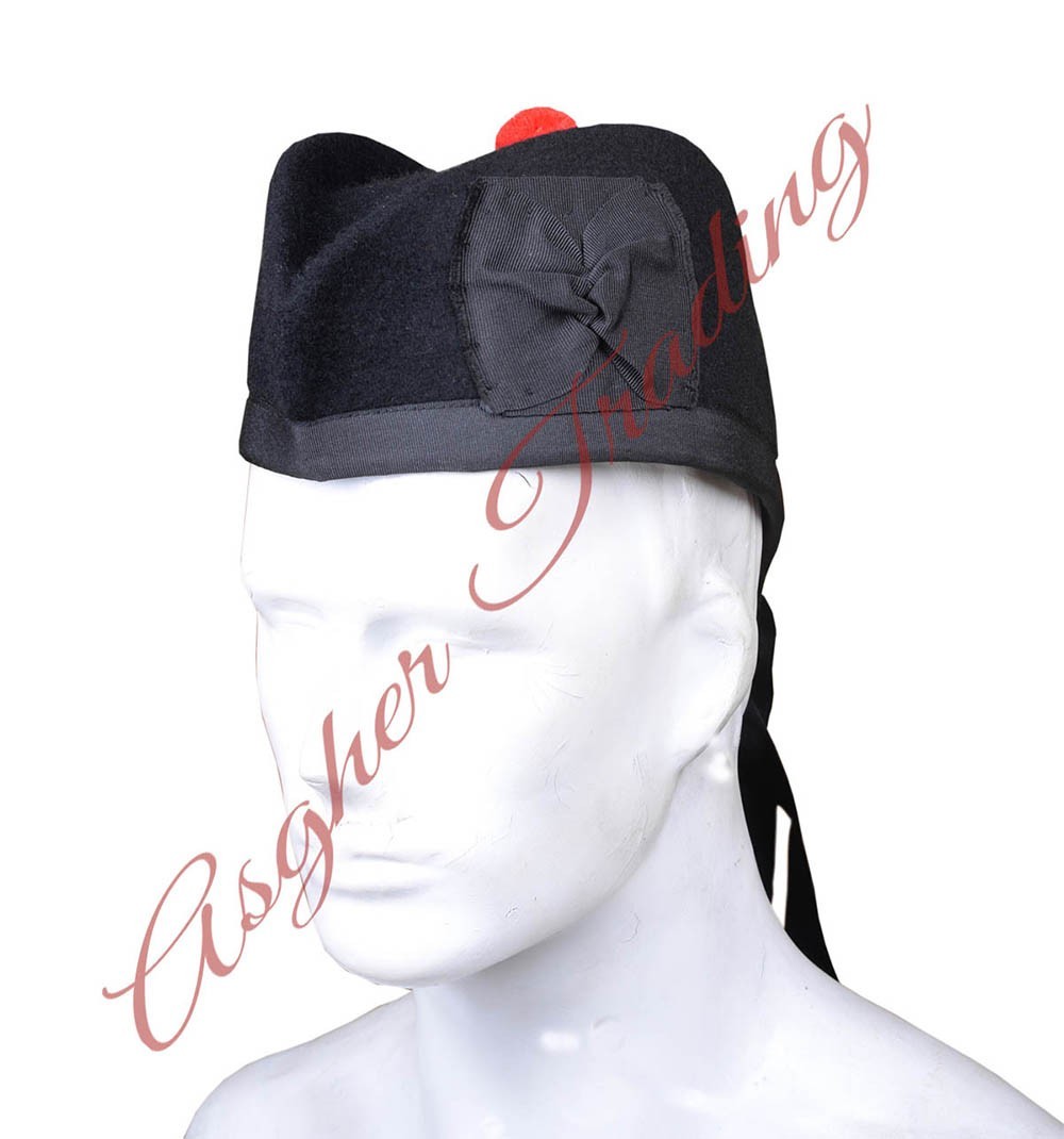 Scottish Military Traditional Kilt Cap – 100% Wool Black Glengarry Hats