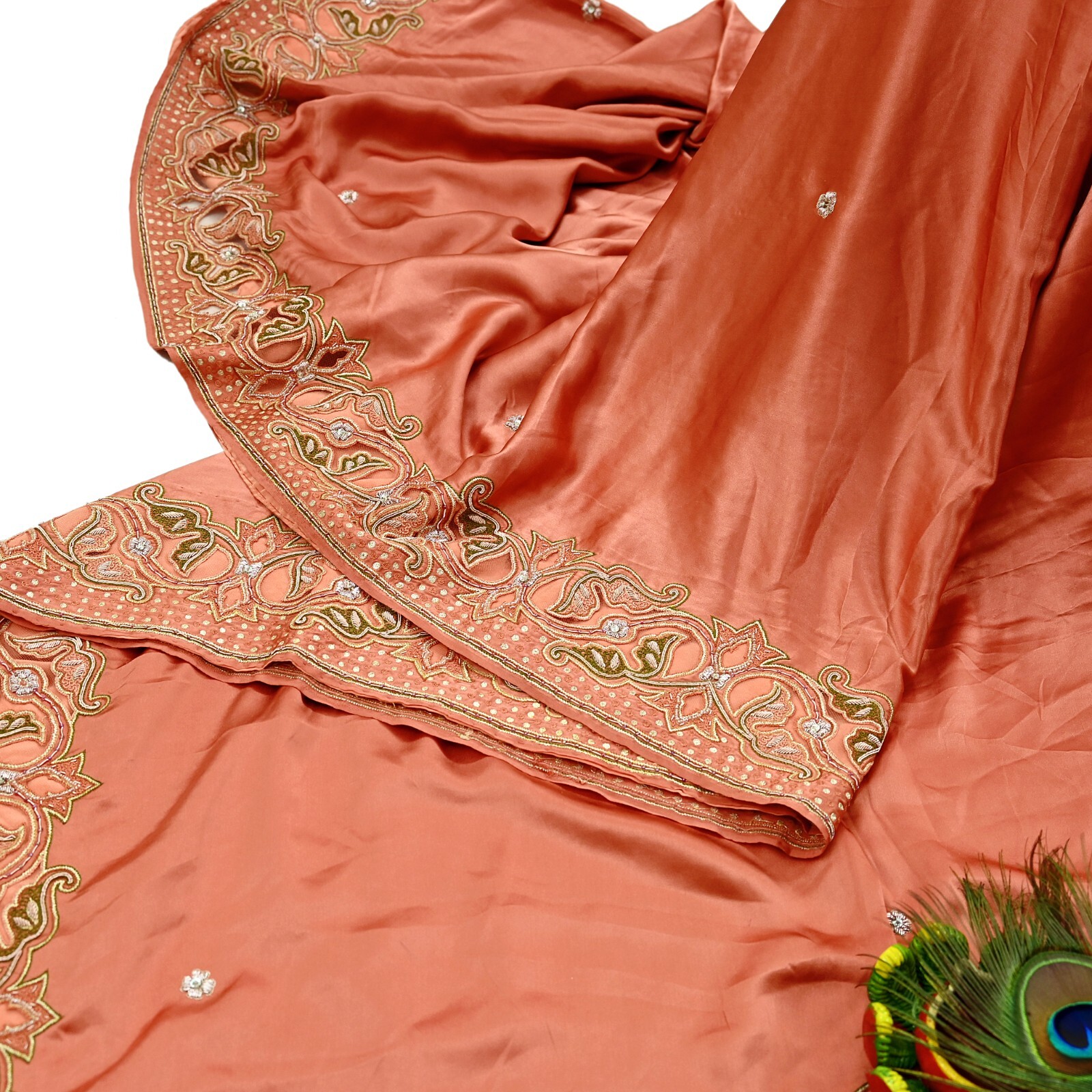 Vintage Heavy Peach Sari Hand Embroidered Saree Pure Satin Silk 5yd Ethnic Dabka