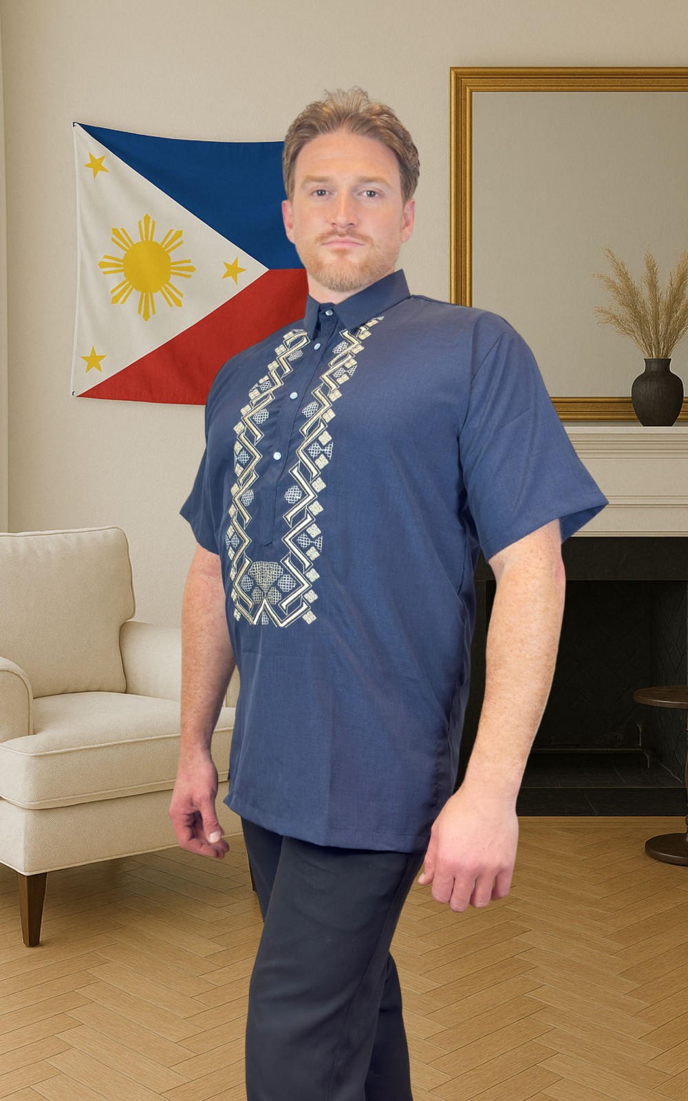Navy Short Sleeve Wavy-Pattern Cotton Polo Barong Tagalog ORDER US SIZE