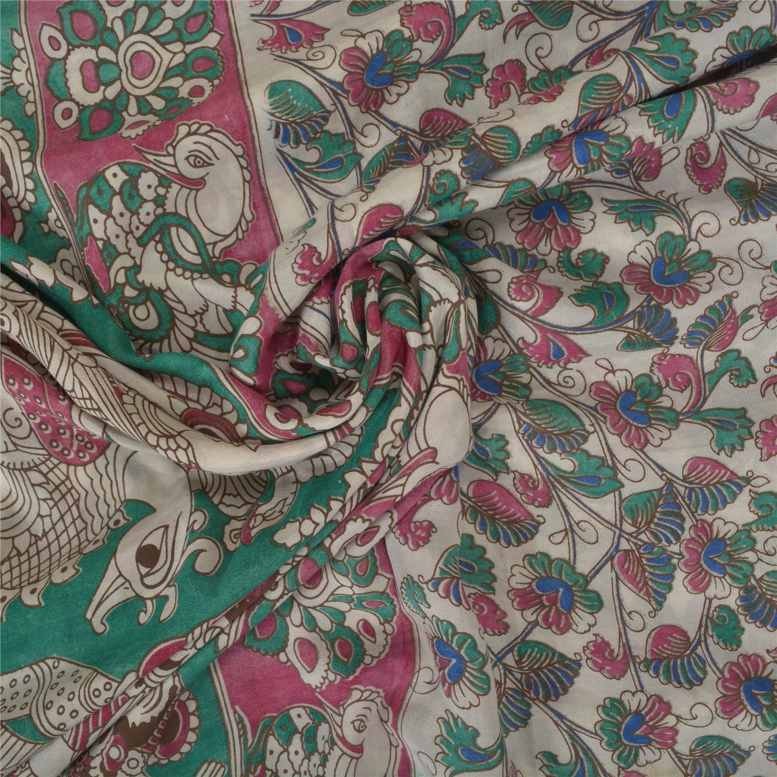 Sanskriti Vintage Ivory Sarees Blend Silk Handmade Kalamkari Peacock Sari Fabric