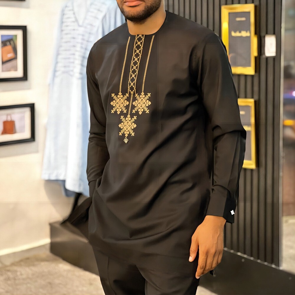 Mens African 2 Piece Set Long Sleeve Pants Outfit Traditional Suit Ethnic Suit