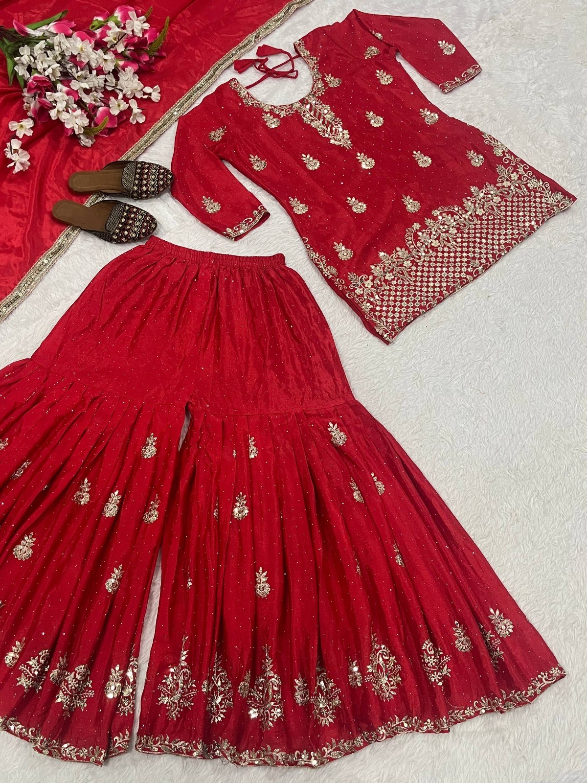 Latest Heavy Chinon Silk Red Palazzo Suit With Dupatta For Indian Wedding