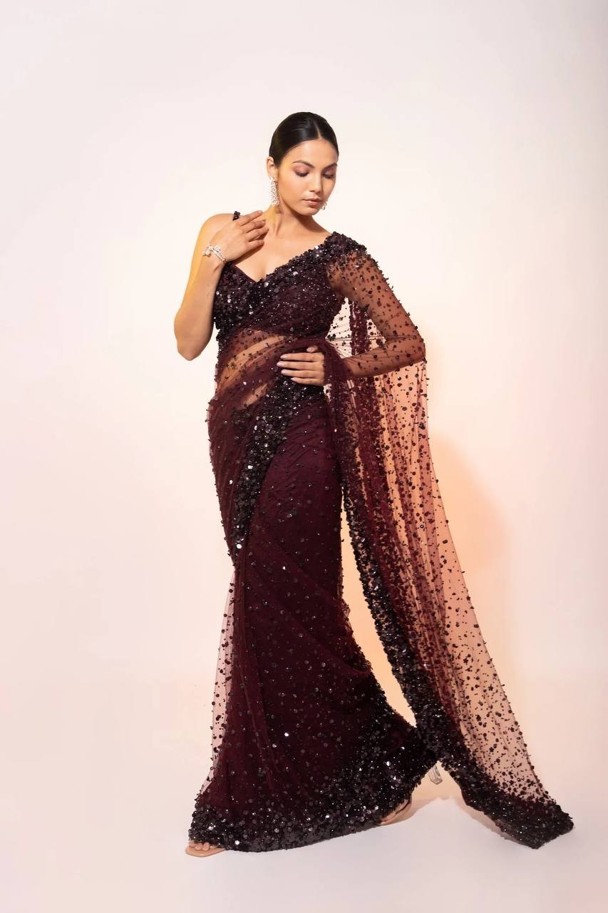 Soft Net Saree Blouse Designer Party Wear Sari Bollywood Indian Wedding Ready