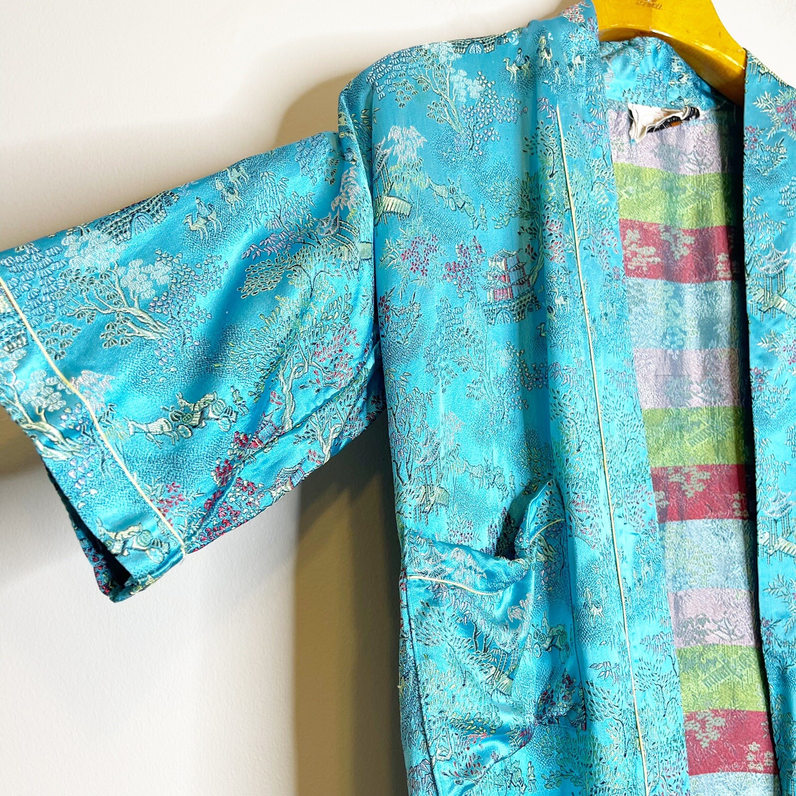 Peony Brand Girls Kimono Size 14 Turquoise Blue Asian Brocade Robe Embroidered