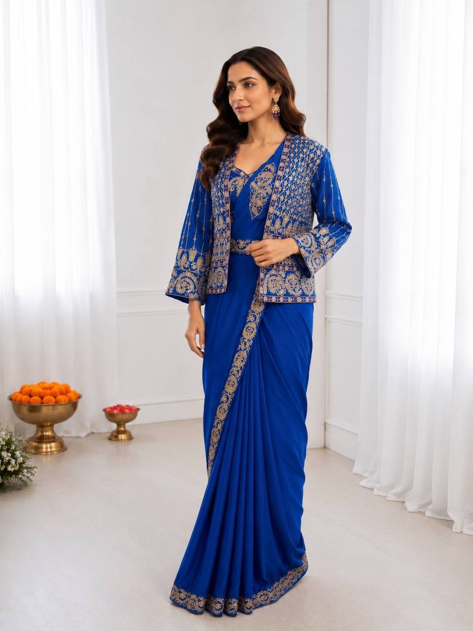 Wedding Reception Ready to Wear Crepe Silk Saree with Embroidered Jacket