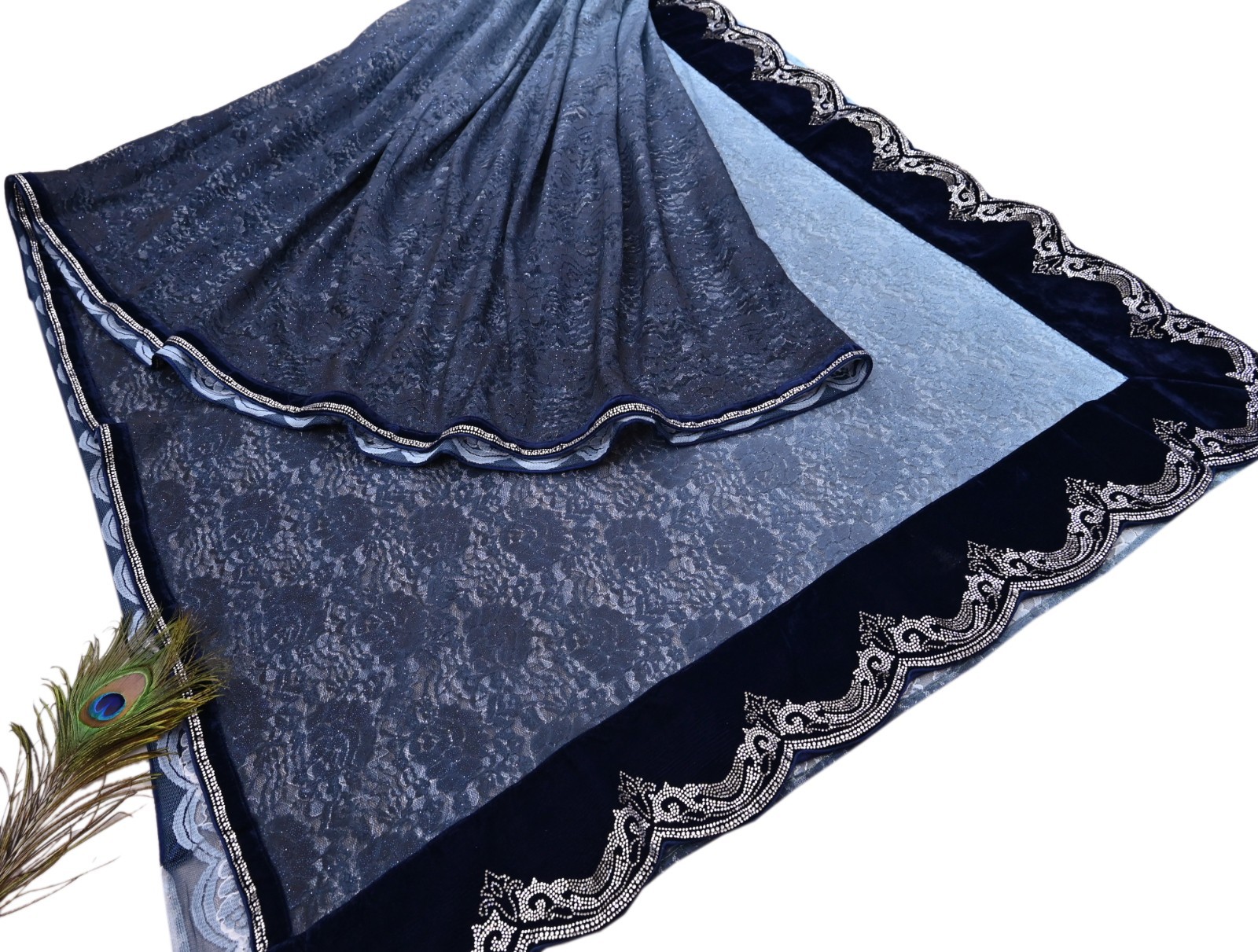 Vintage Blue Net Saree Heavy Hand Embroidery Sari 5.5 Yards Soft Mesh Fabric