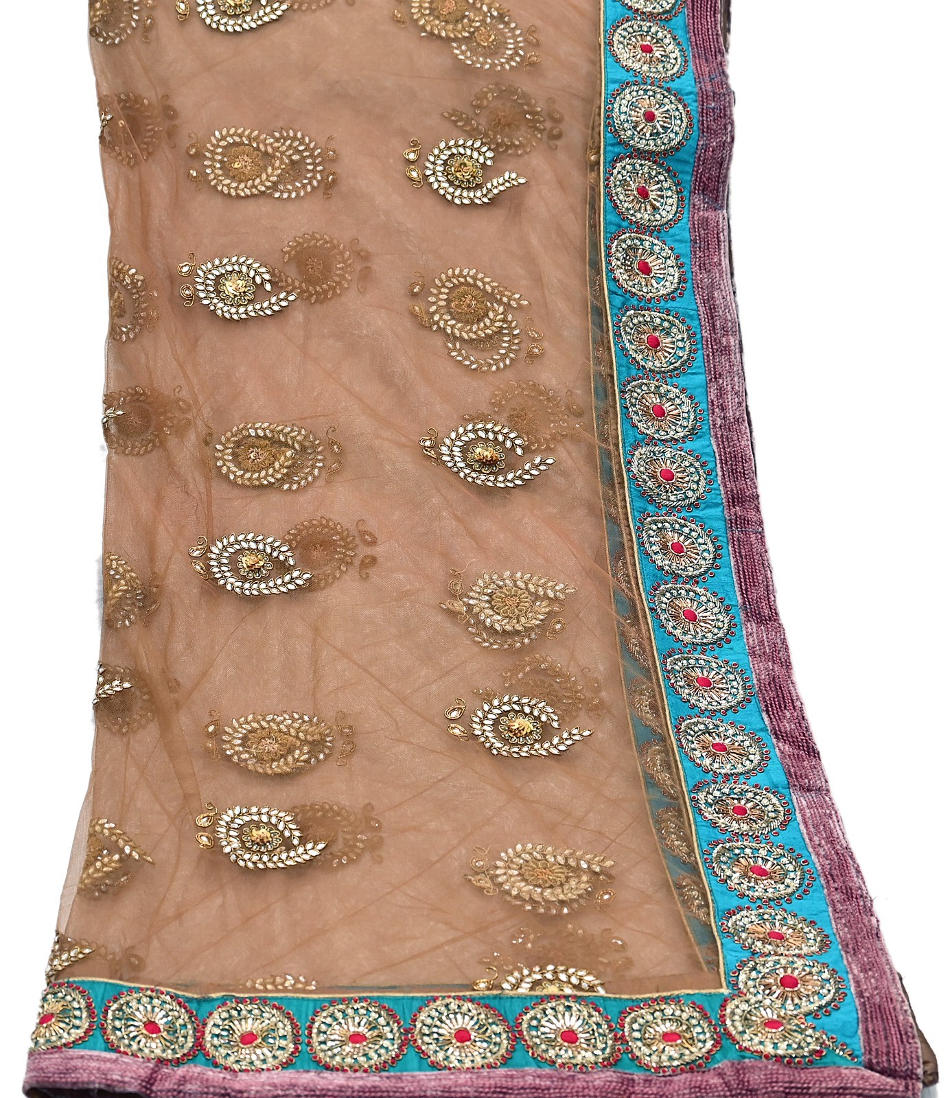 Indian Vintage Heavy Brown Net/Mesh Hand Embroidered Designer Dupatta