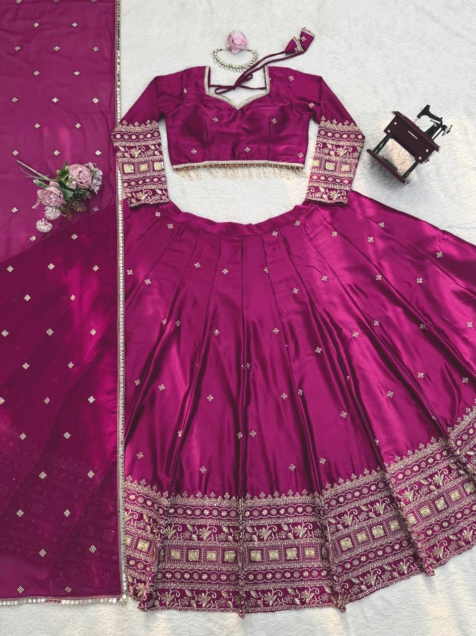 Latest Japan Satin Wine Lehenga Choli With Dupatta For Reception Wear