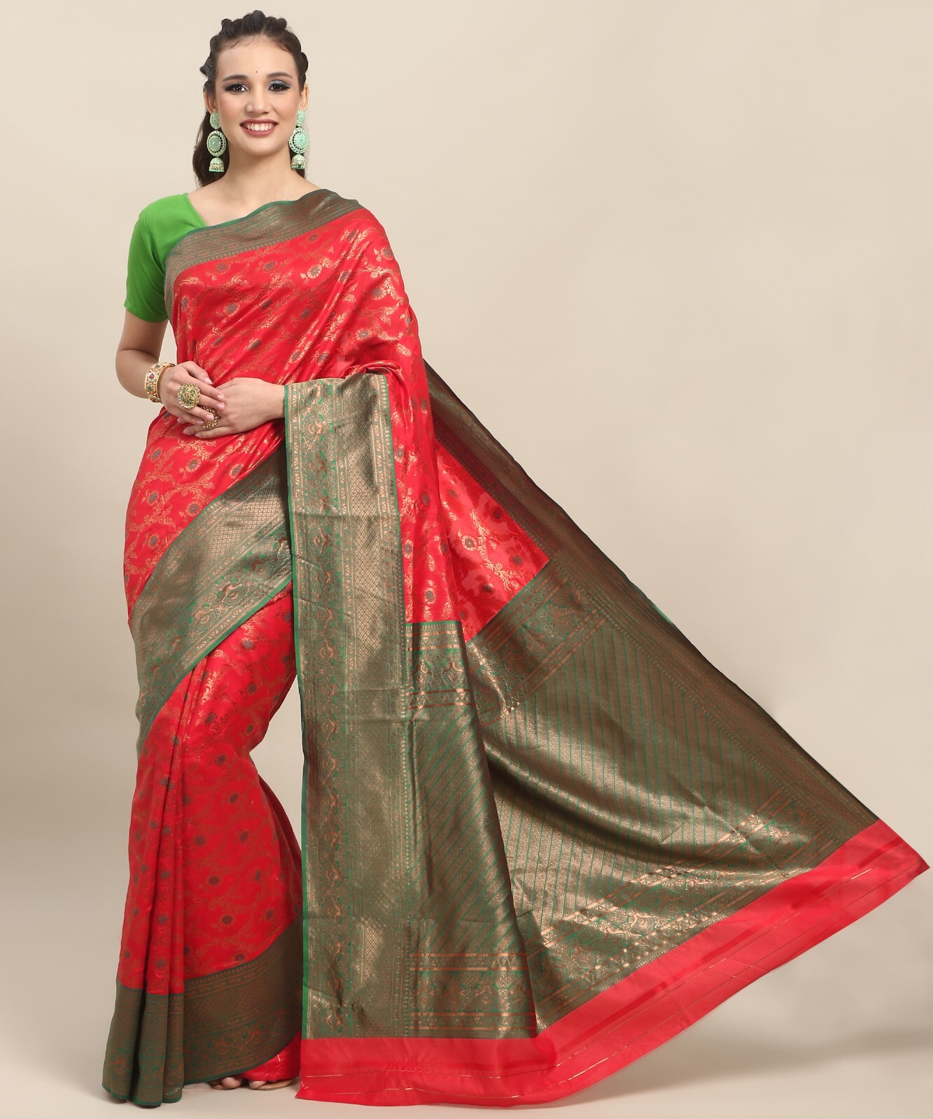 Areca Designer Kanjivaram Silk Red Mina saree blouses women Saree cut-5.5 meter