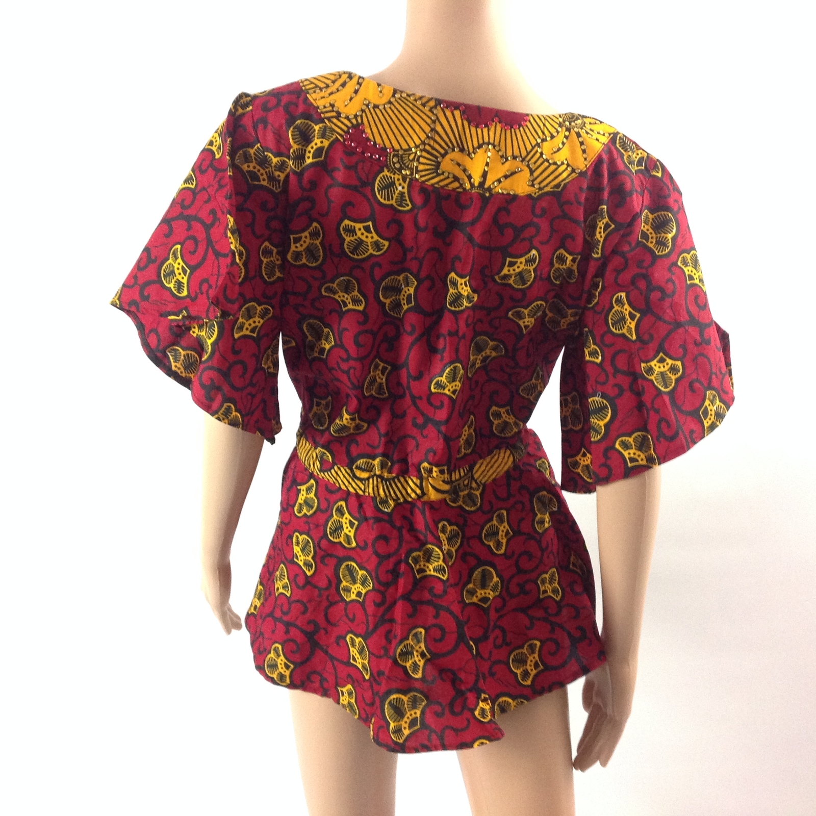Womens Embellished V Neck Top African Kanga Print Ankara Flare Sleeve Red Sz 12
