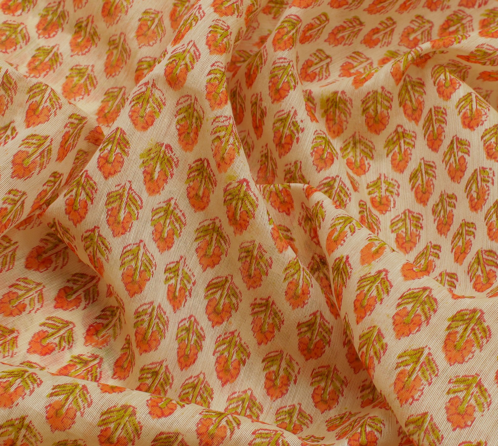 Sushila Vintage Cream Saree Blend Cotton Hand Block Printed Floral Sari Fabric