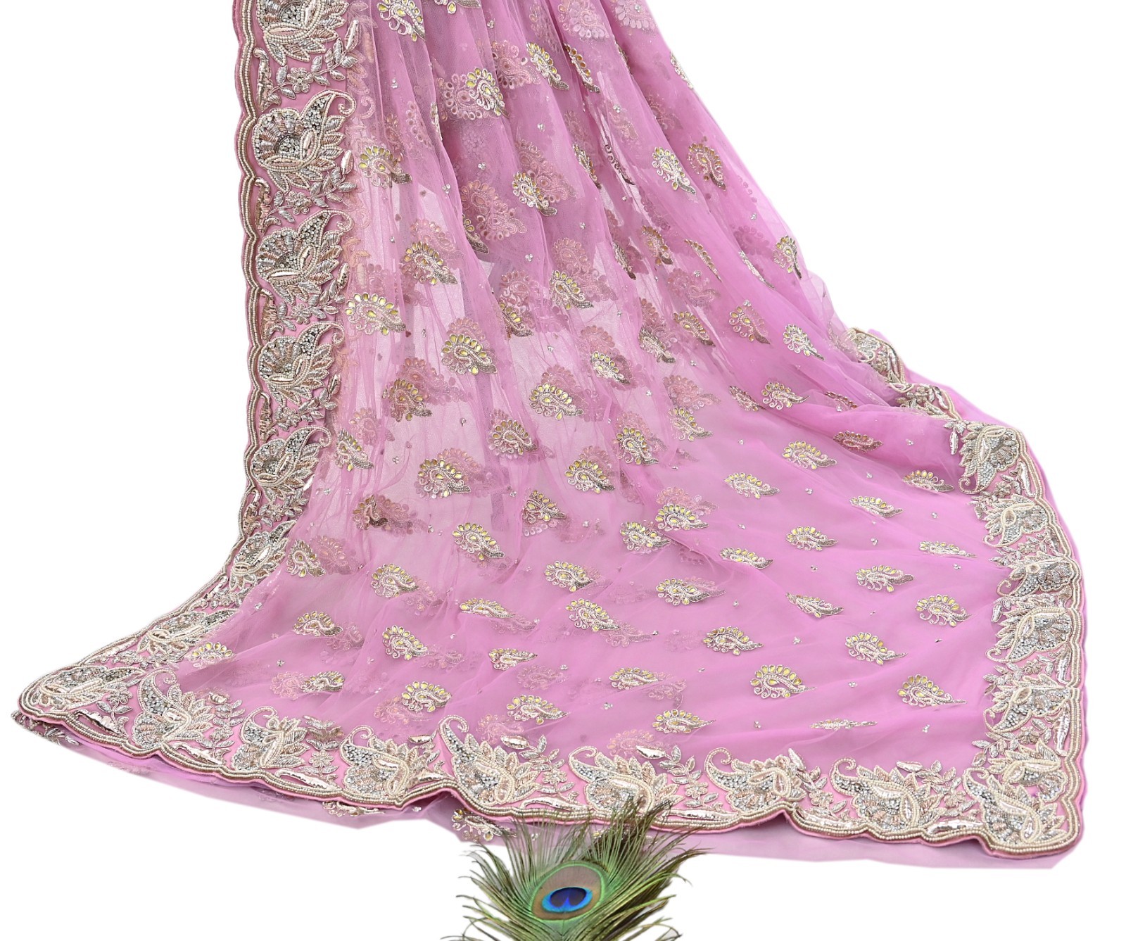 Indian Vintage Sari Pink Net/Mesh Hand Embroidered Anamika Khanna Designer Saree