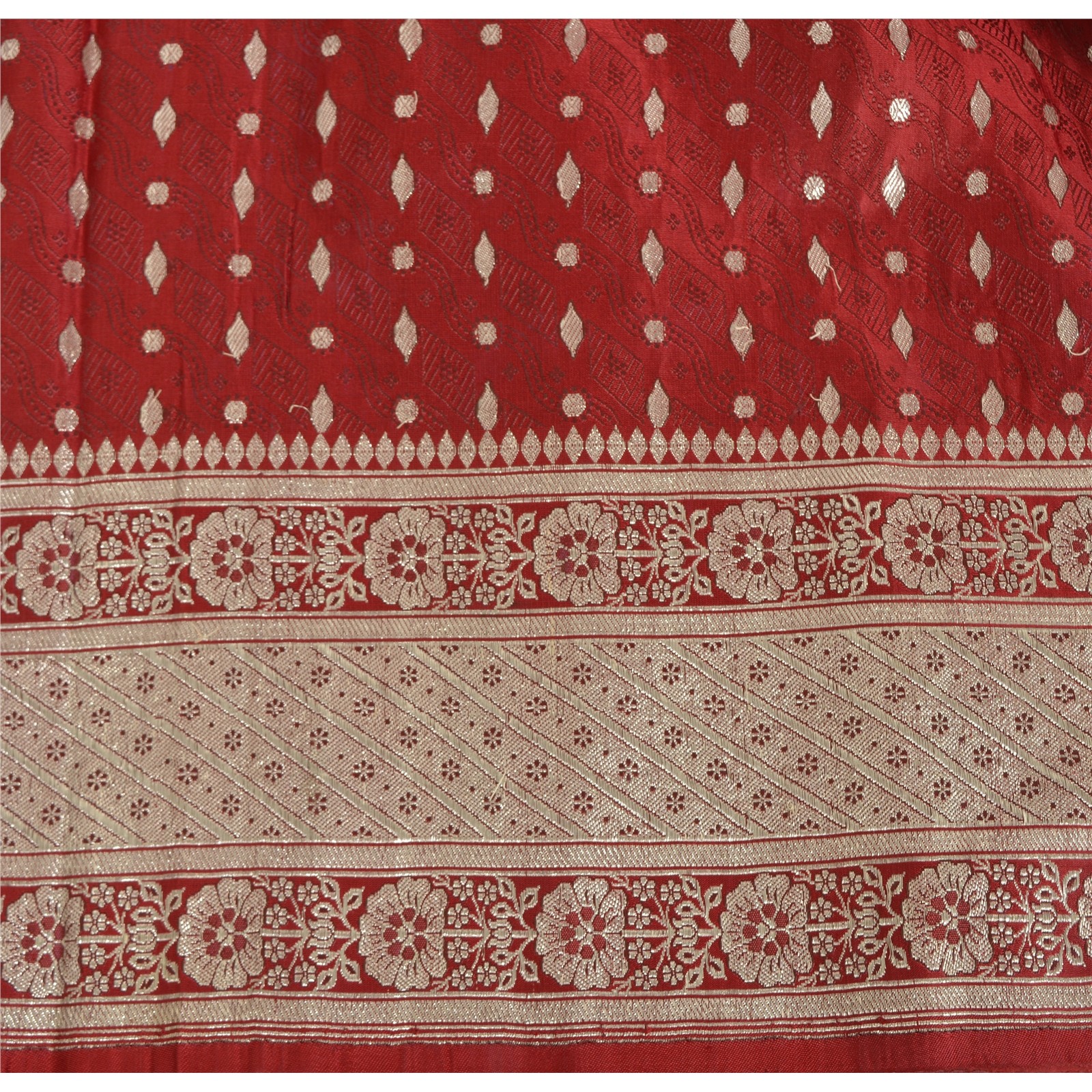 Sanskriti Vintage Red Sarees Pure Satin Zari Hand Woven Banarasi/Brocade 4.5+YD