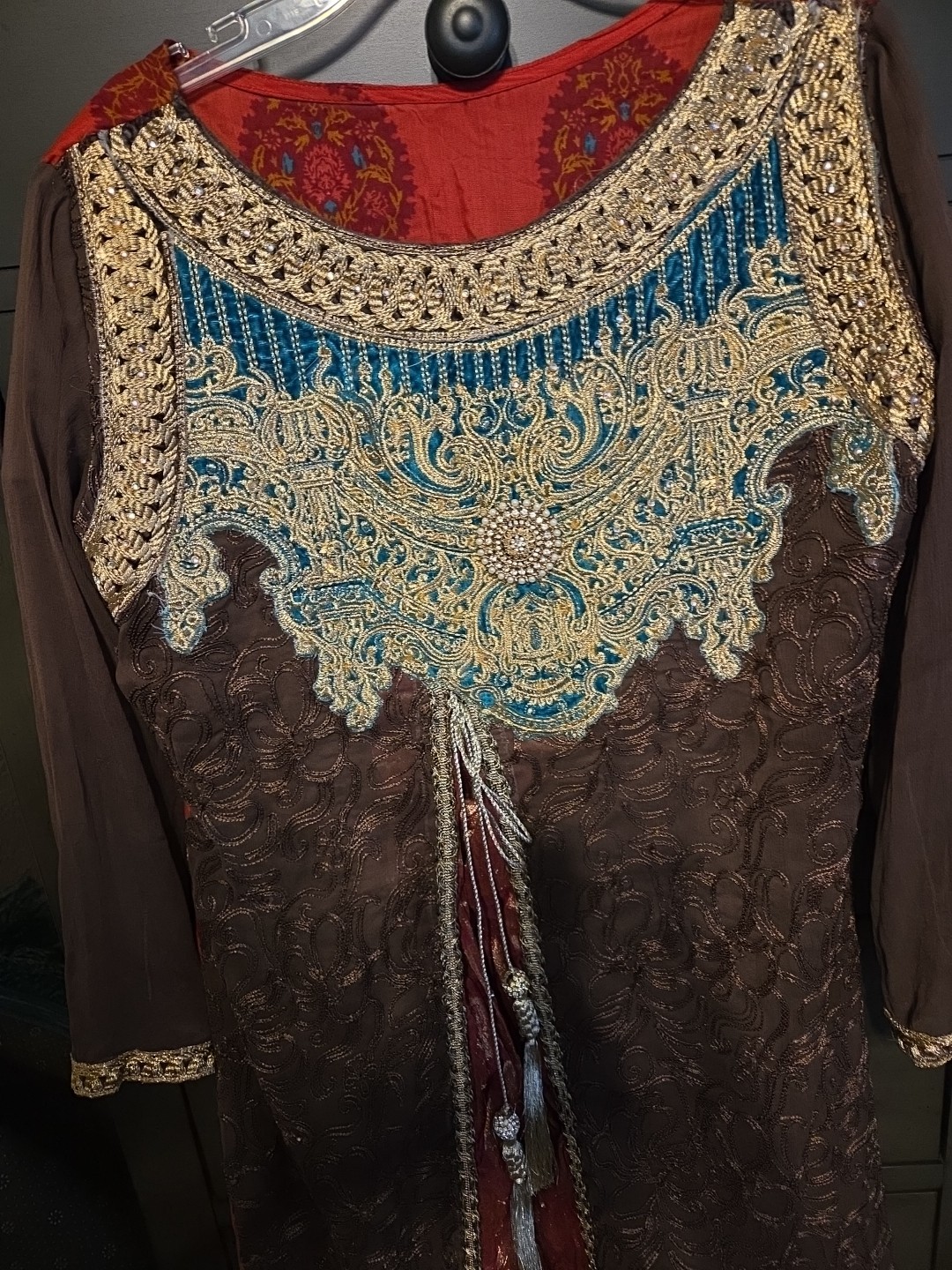 Womens Pakistani Long Embroidered Shirt Brown Green Red Banarsi Golden Tussle