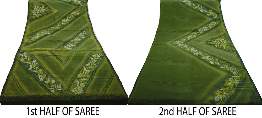 Vintage Green Saree Pure Crepe Silk Printed Indian Sari Fabric 5yd Sewing Floral