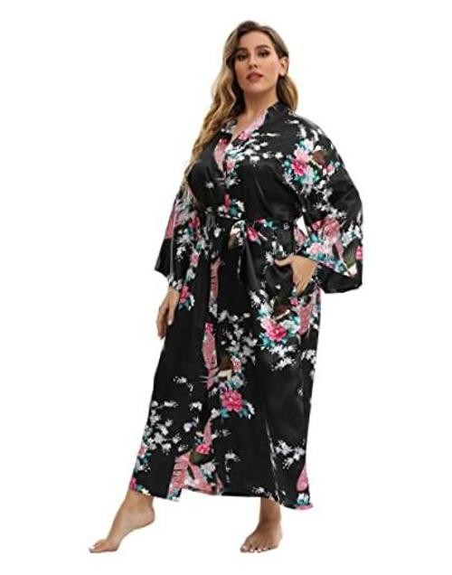 Women’s Floral Long Satin Robes Plus Size XX-Large-3X-Large Peacock | Black