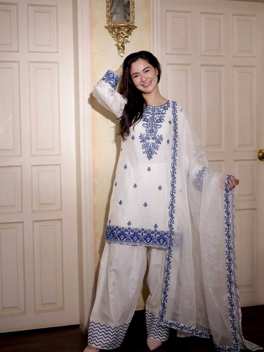 Embroidered Rayon Cotton Kurti Set with Farshi Pant & Silk Dupatta