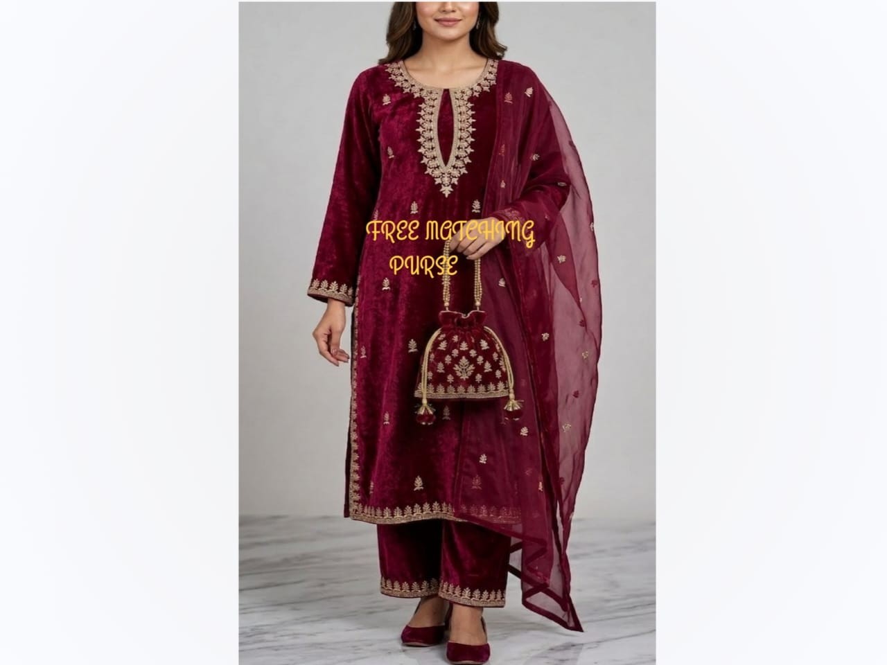 Custom Velvet Hand Embroidered Salwar Suit Set With Free Potli Bag | Luxury…