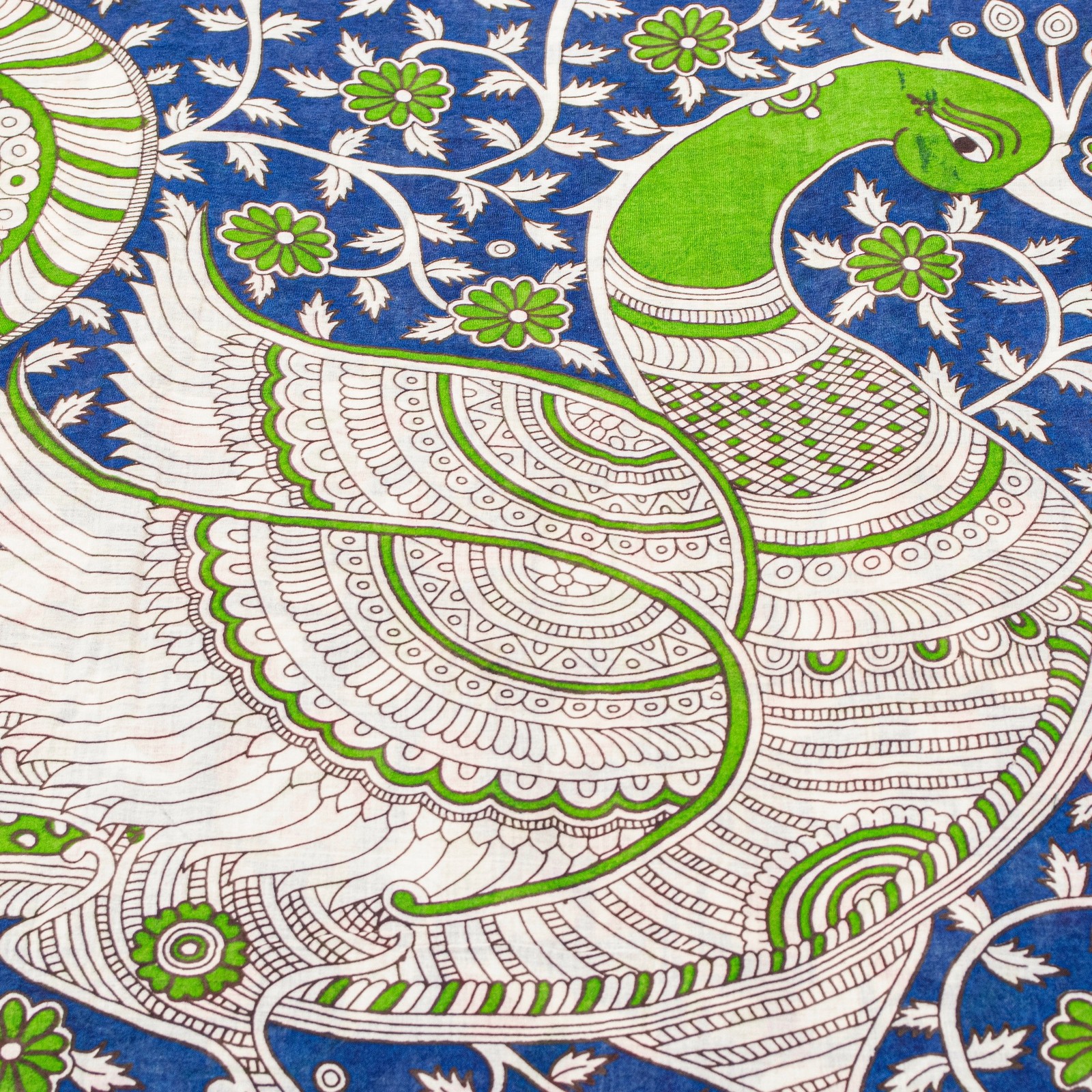 Sanskriti Vintage Blue Pure Cotton Saree Handmade Kalamkari Peacock 5.5+Yd Craft