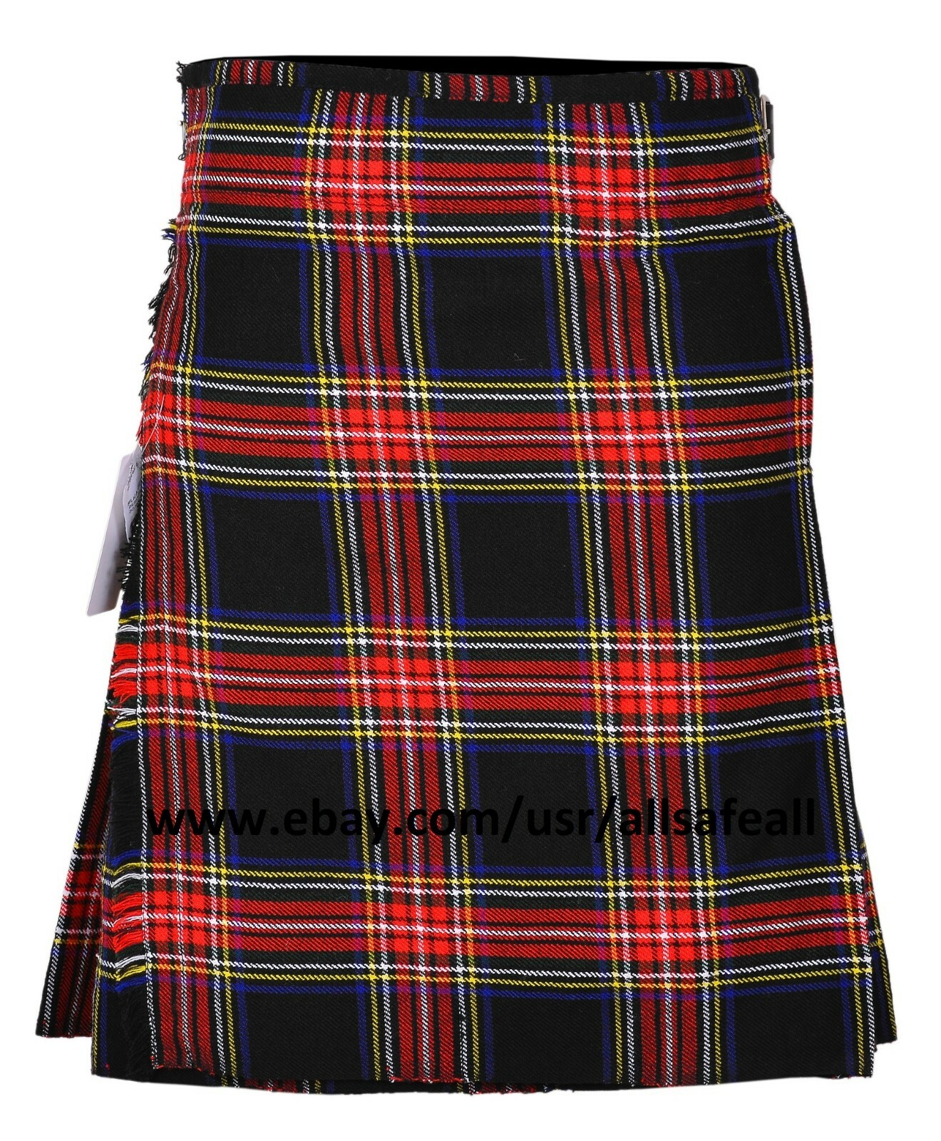 Men Scottish 9 Piece 8 Yards Kilt Outfit with Sporran, Black Stewart Tartan