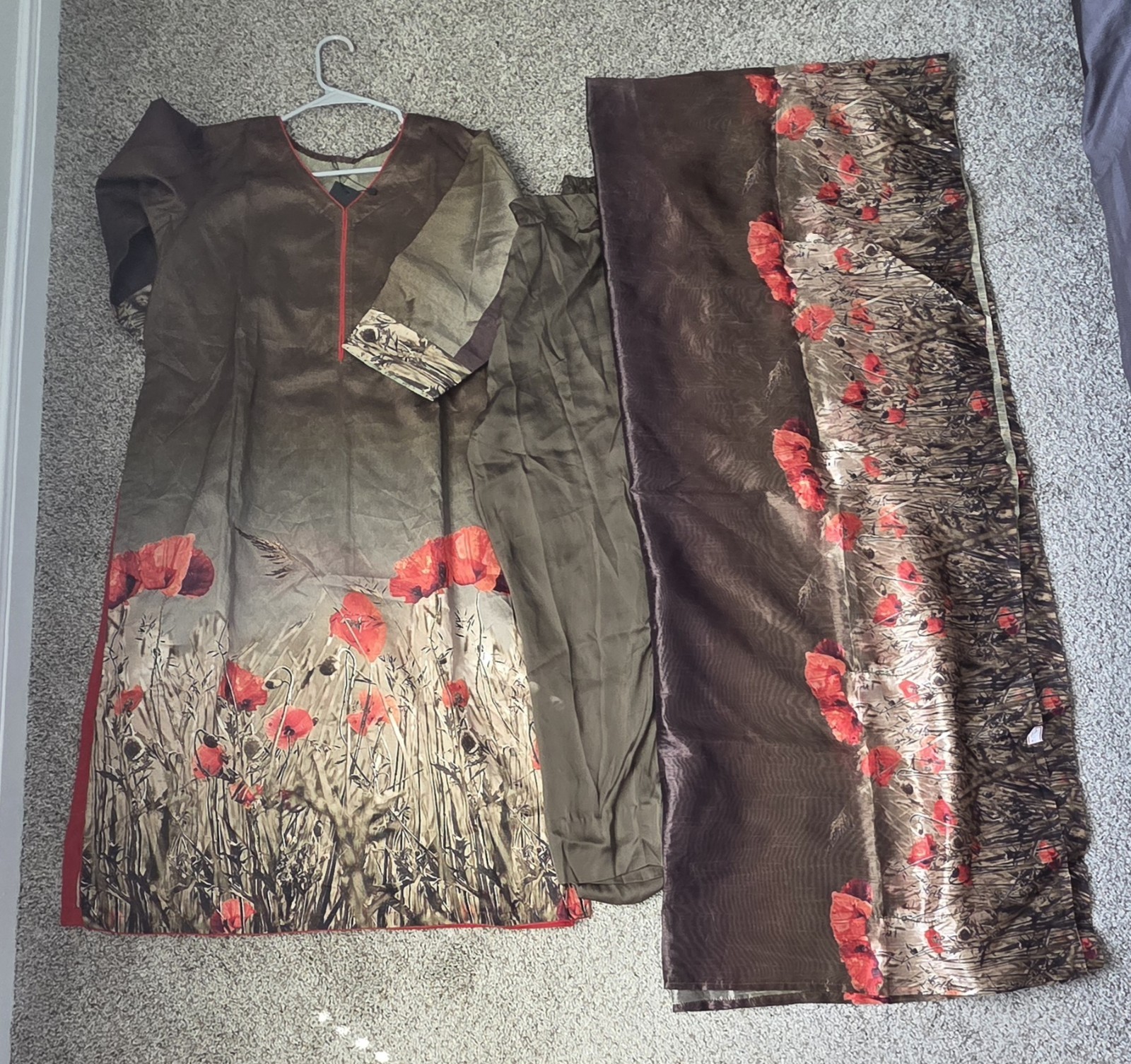 Heavy Brown Red Multi-Color Floral Salwar Kameez Set with Dupatta for Women
