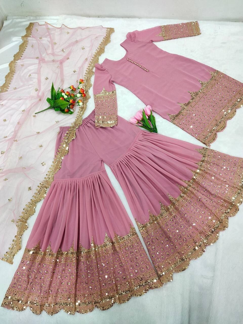 Beautiful Look Georgette Top Palazzo With Net Dupatta For Reception Wear