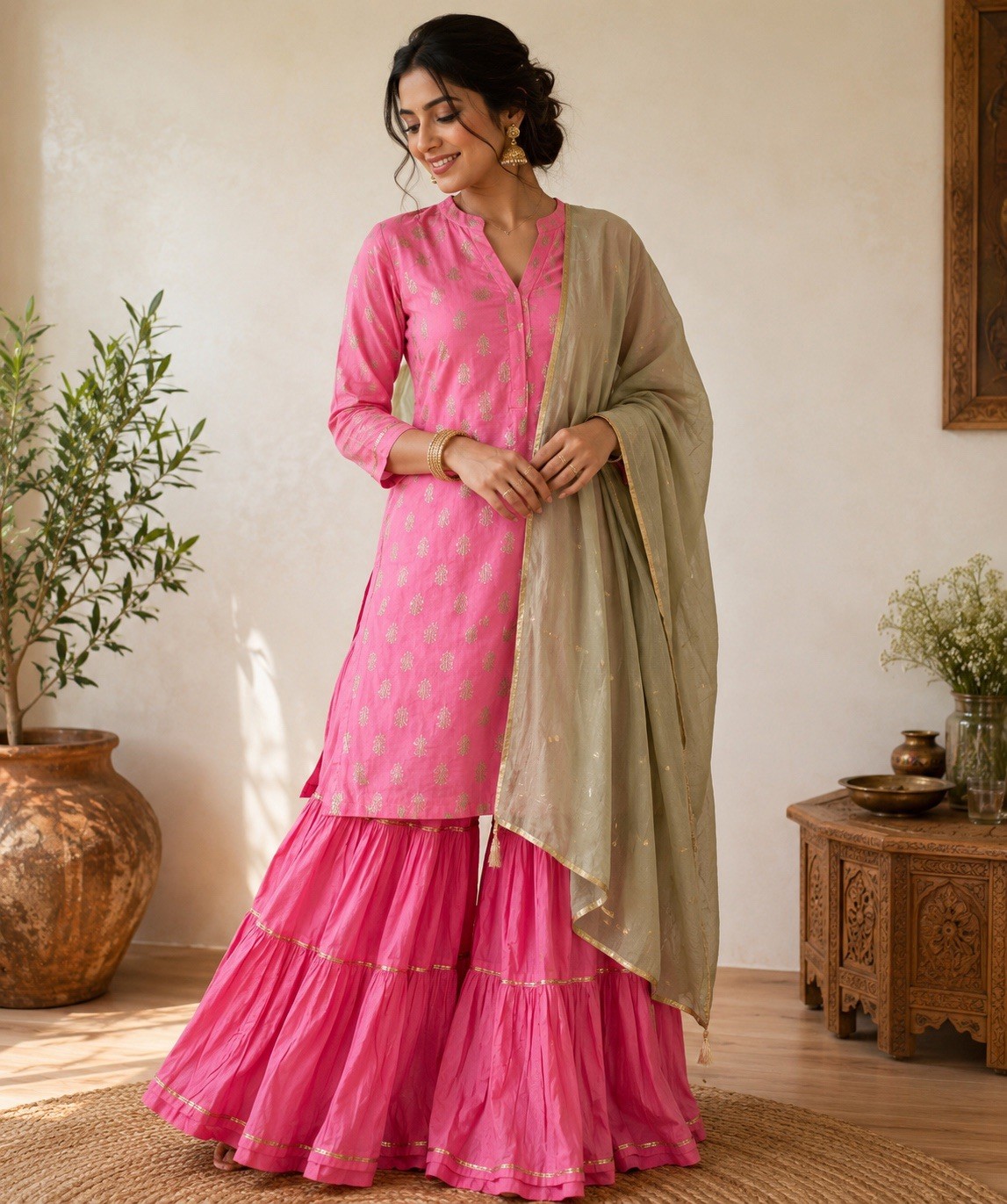 Handmade Women’s Pink Cotton Palazzo suit 3-Piece Set w/ Dupatta, US size XL