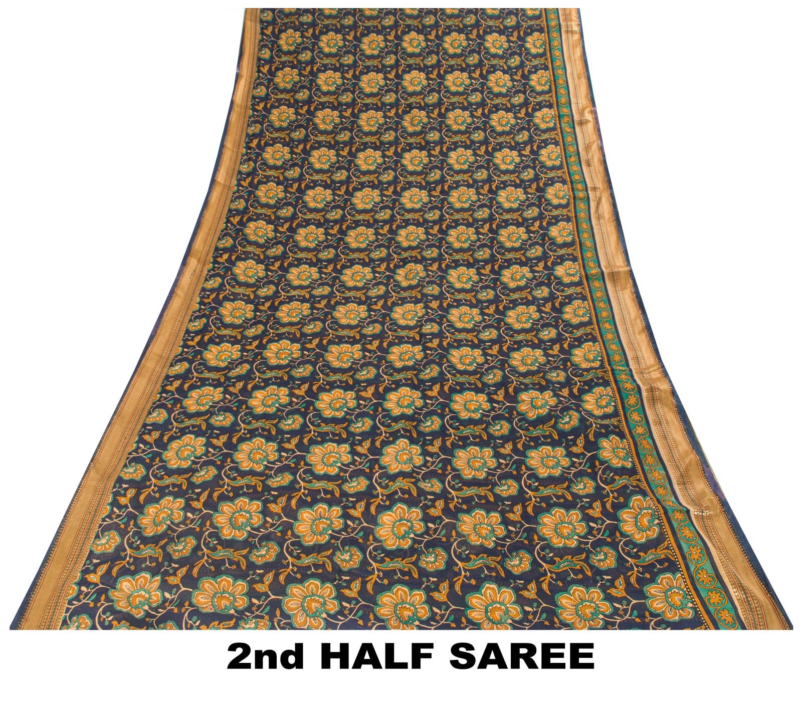 Sanskriti Vintage Saree Blue Pure Cotton Kalamkari Print Sari 5+Yd Craft Fabric