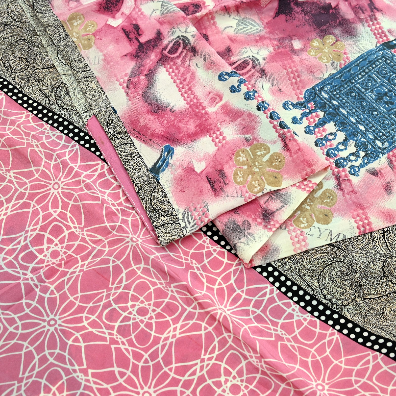 Vintage Pink & Ivory Saree Pure Crepe Silk Printed Sari Craft Fabric 5yd Sewing
