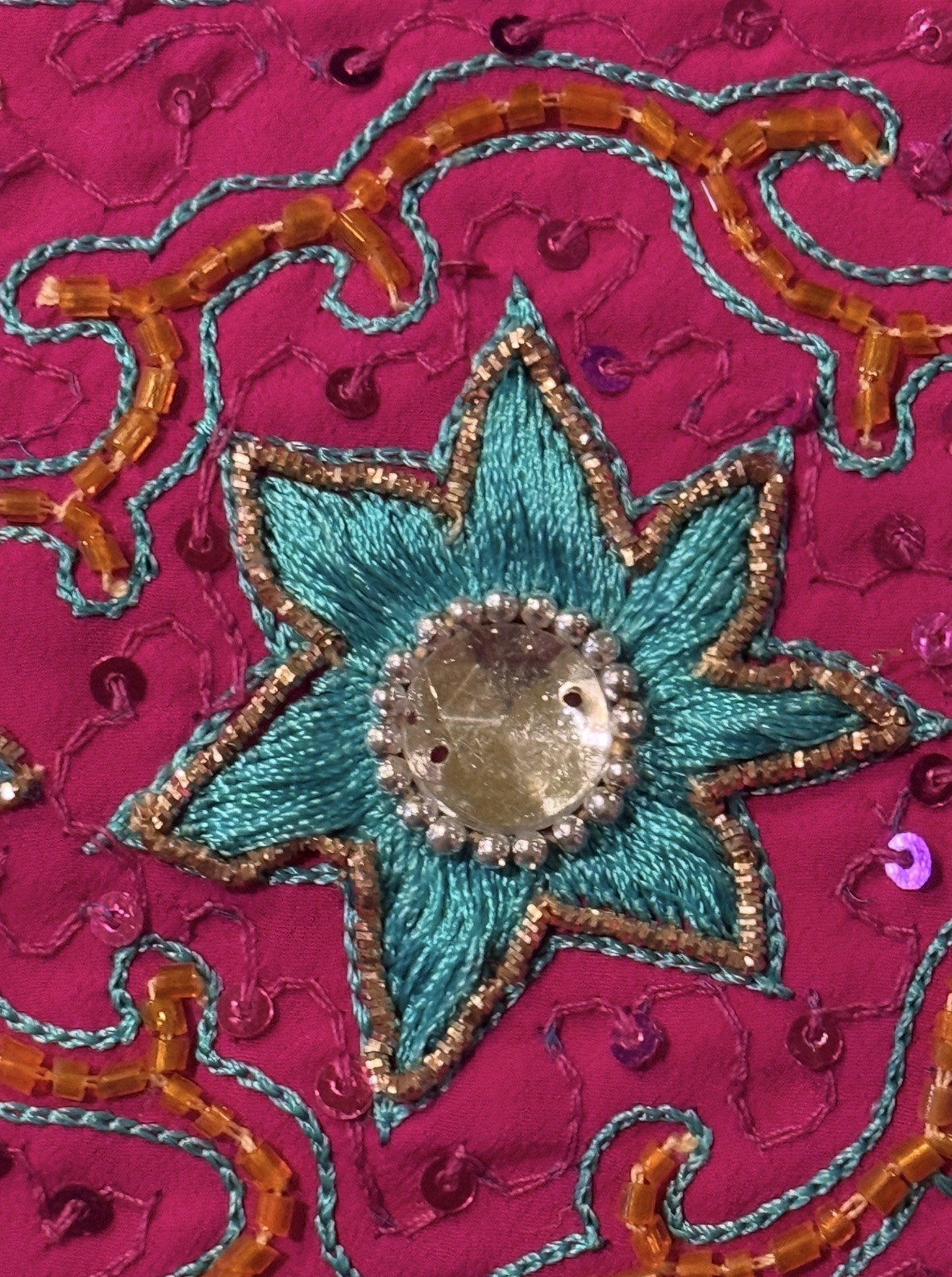 Vintage KELVIN Georgette Sari Turquoise/Fuchsia Embroidered Mukaish 48x 180″