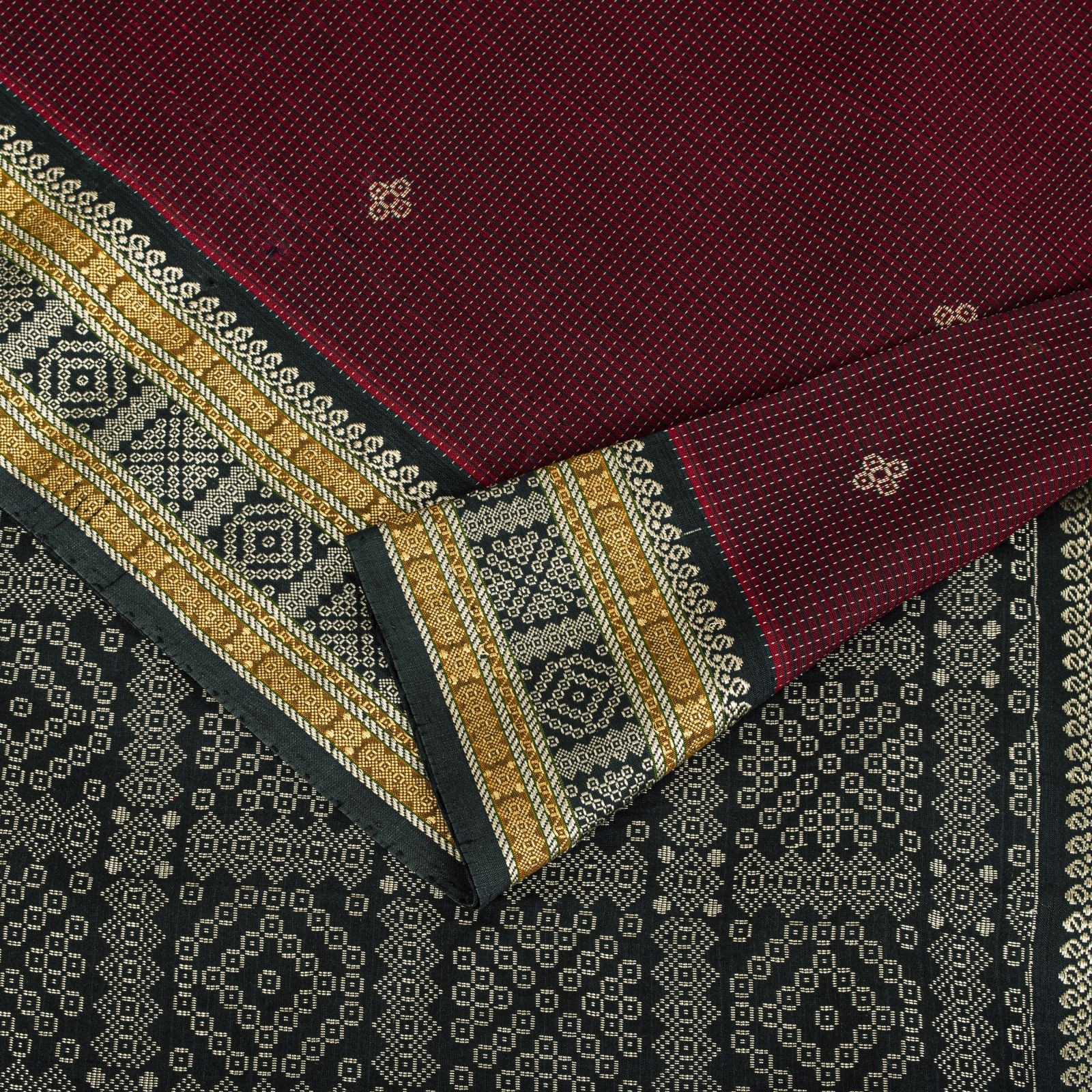 Sanskriti Vintage Saree Wine Blend Cotton Hand Woven Sari 5.5 Yard Craft Fabric