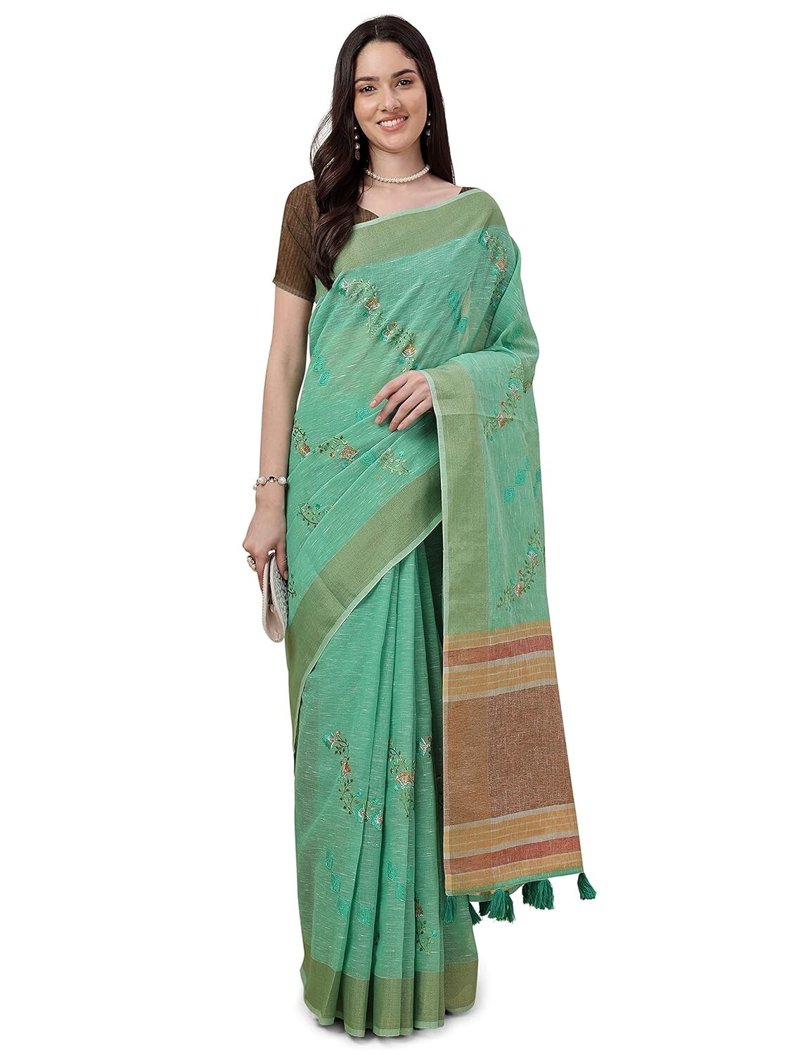 Women Pure Linen Woven Zari Work With Sequence Work saree With Unstitched Blouse