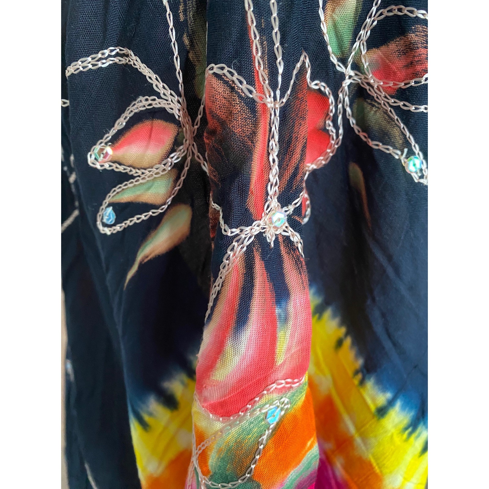 Island Planet Beaded Embroidered Floral Tie Dye Sequin Black Kaftan Cover Up OS