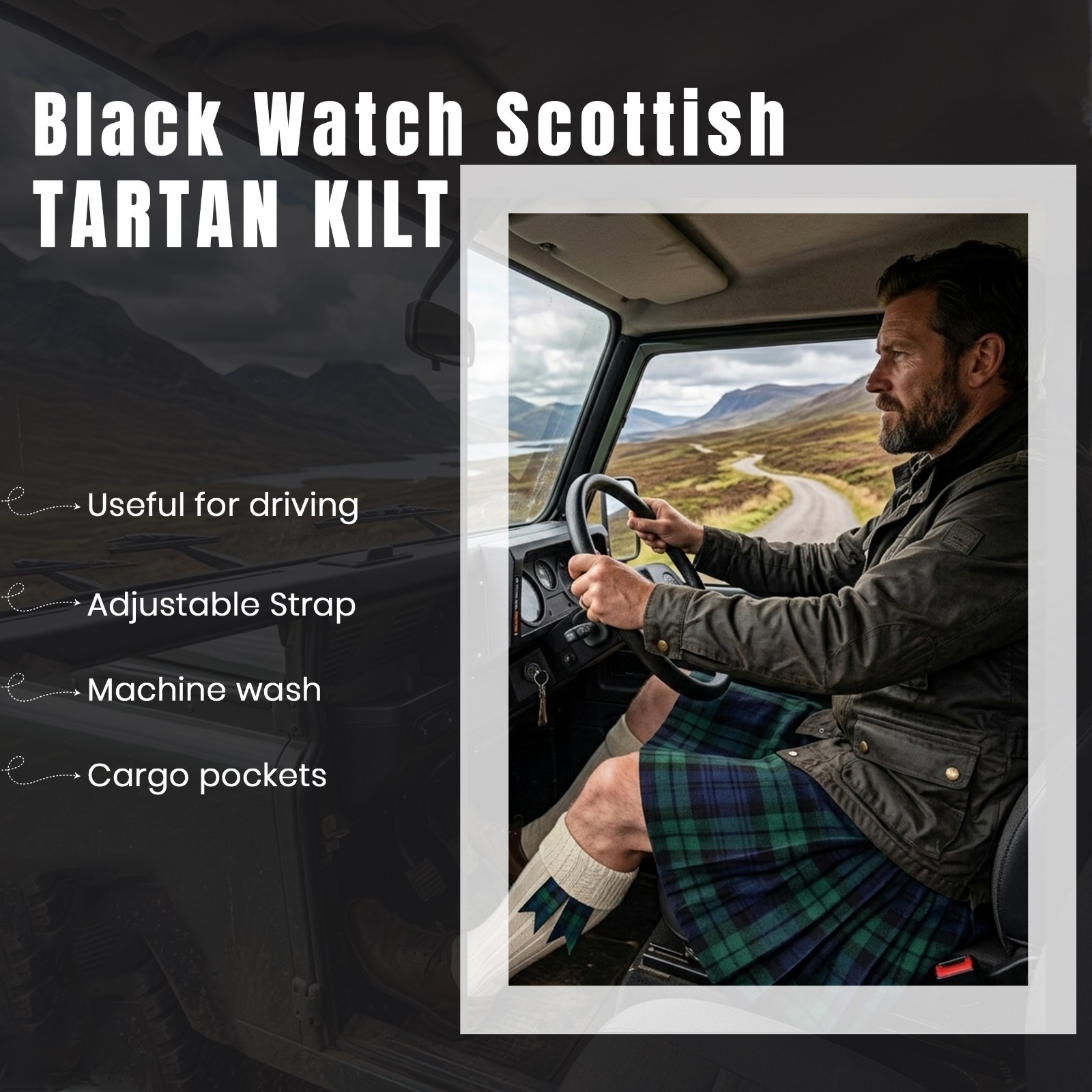 Black Watch Tartan Utility Kilt Package – Acrylic Wool Kilt, Hose, Flashes