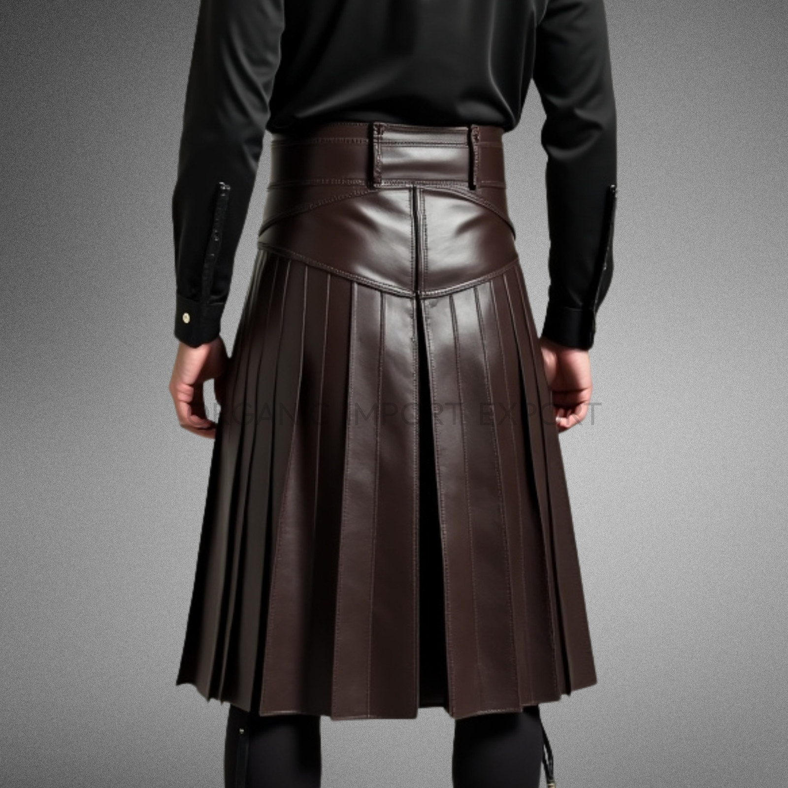 Men’s Brown Leather Kilt Gothic Utility Pleated Skirt & Belt