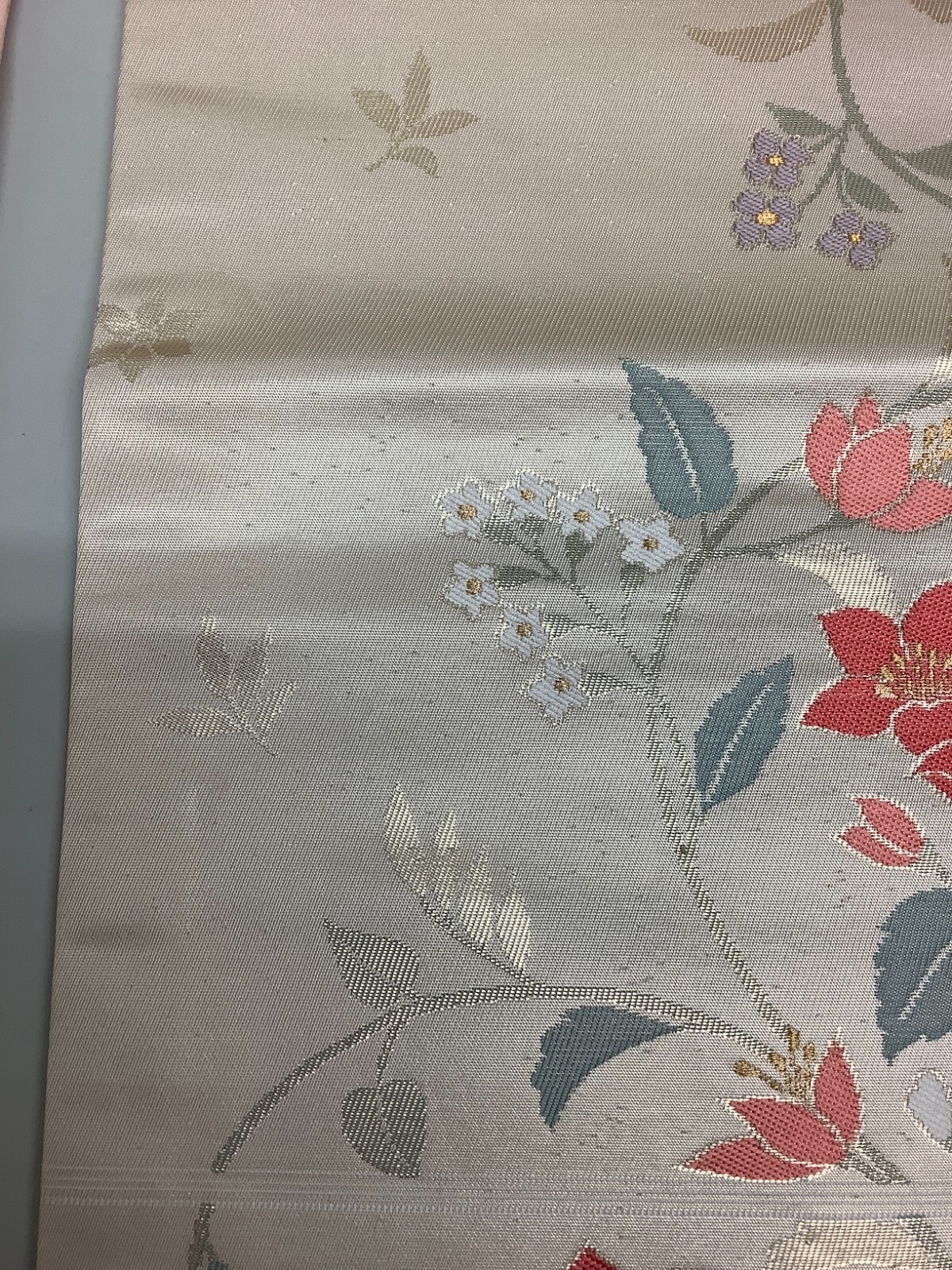 Japanese Vintage Kimono Nagoya Obi pure silk beige flower expensive 142.5×11.8in
