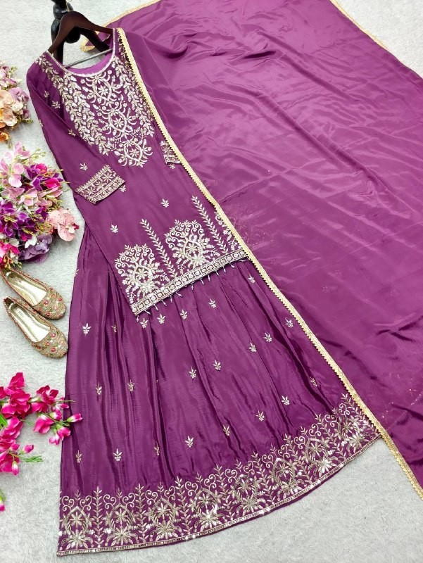 New Launching Chinon Silk Purple Top Lehenga With Dupatta For Wedding Wear