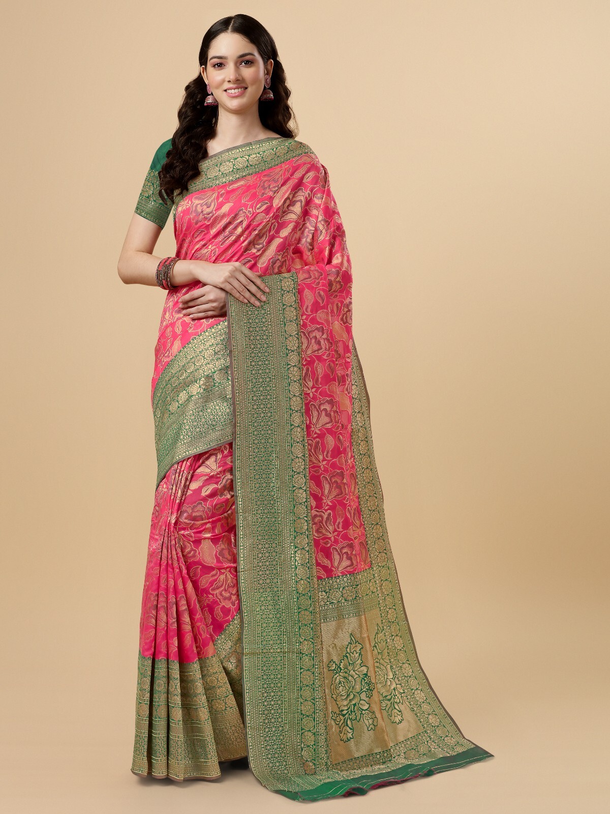 Areca Designer Pink Pushpa Silk Bunarasi saree blouses women Saree cut-5.5 meter