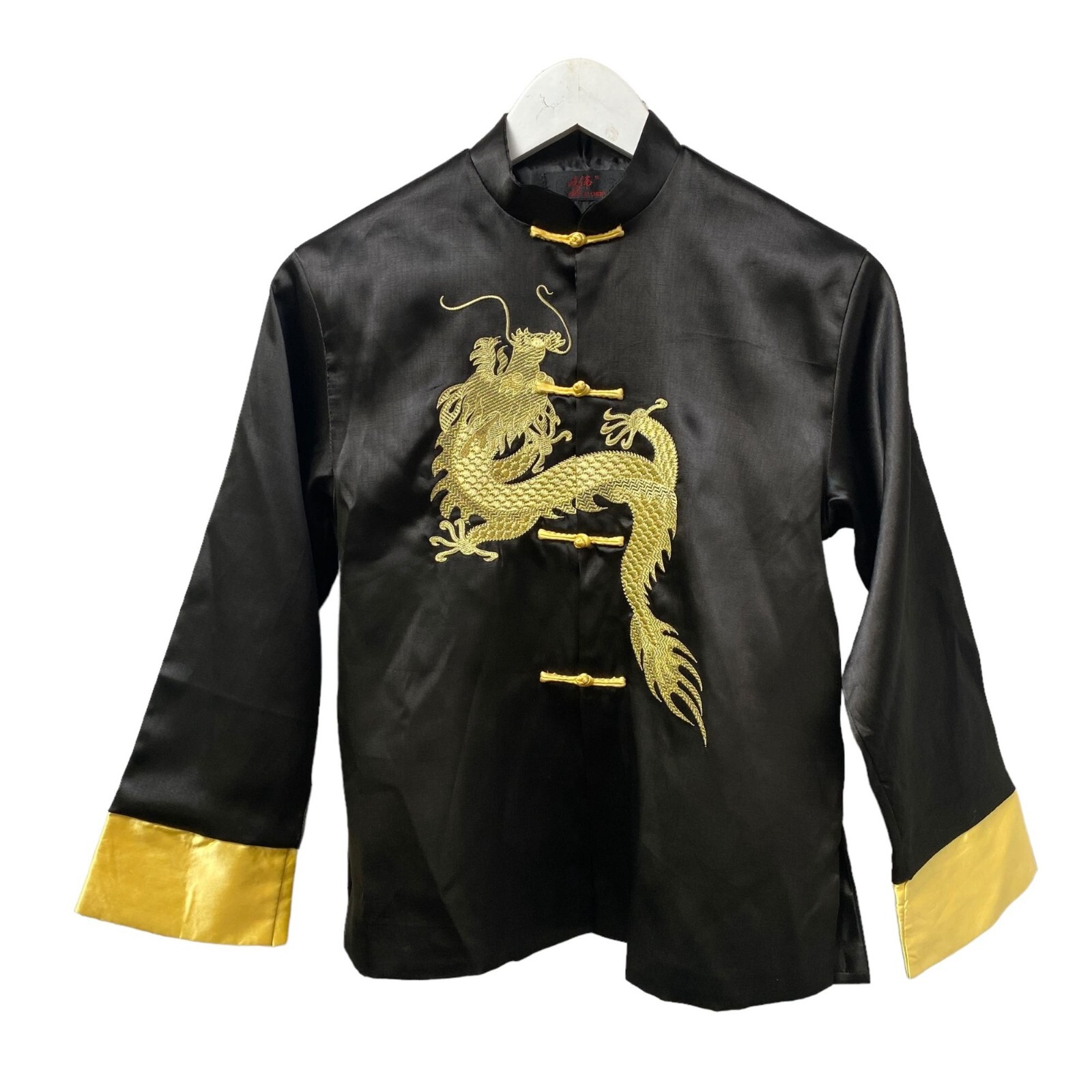 Embroidered Dragon Top Youth Black Satin Traditional Chinese Style Tang Jacket