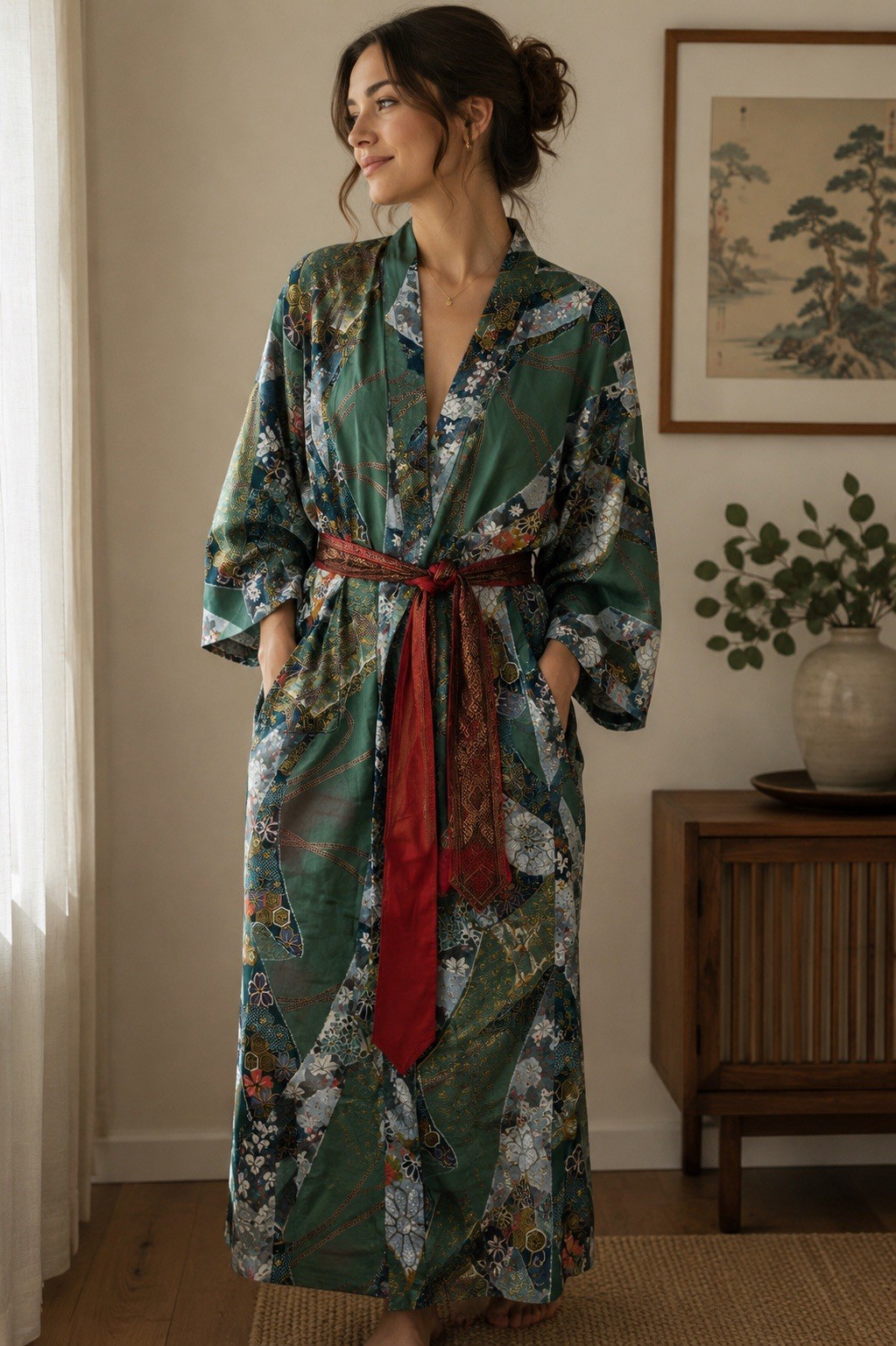 Vintage Japanese Kimono Robe XL Green Floral Cotton Belted Yukata