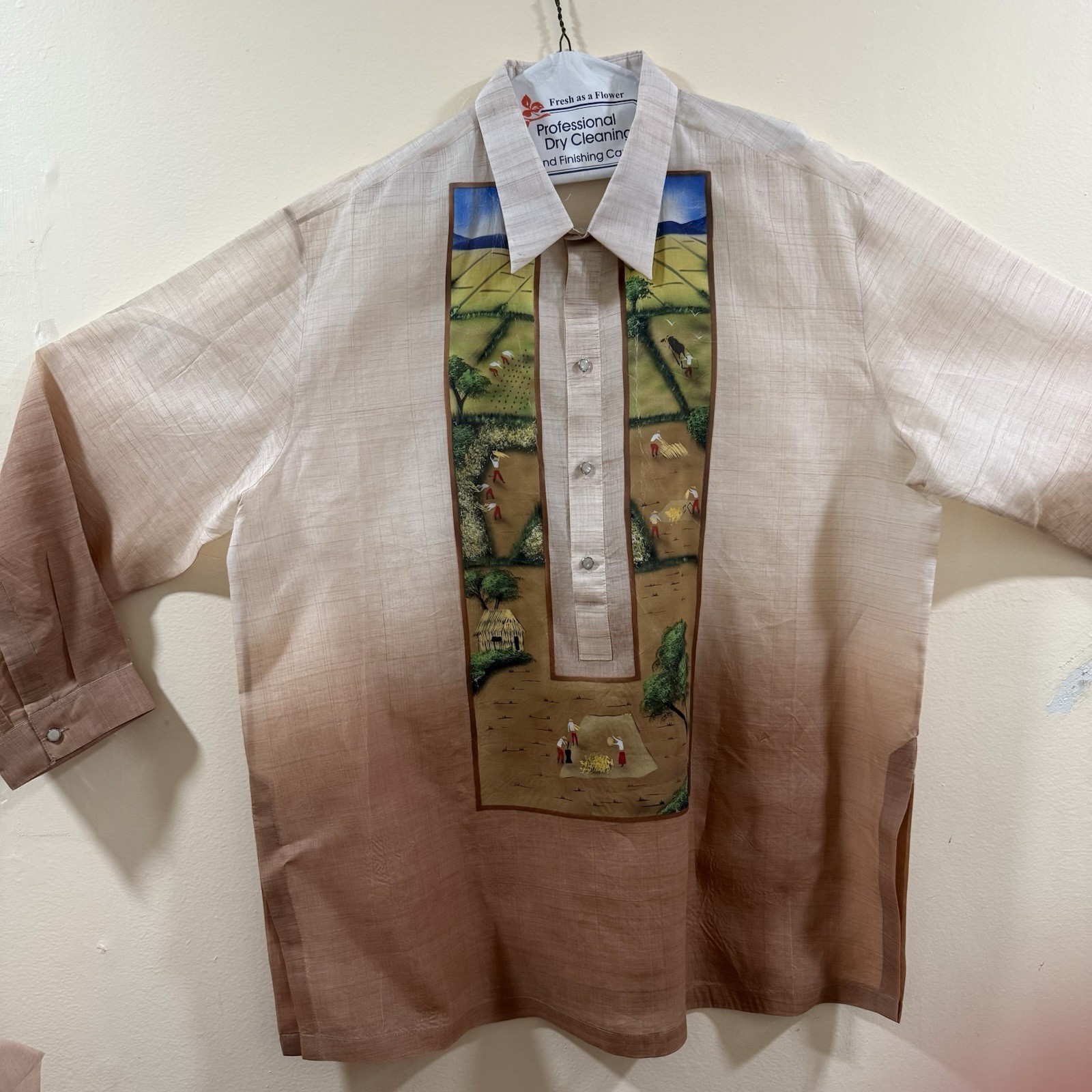Barong Tagalog XXL size , custom-painted feat. a rural rice farm .