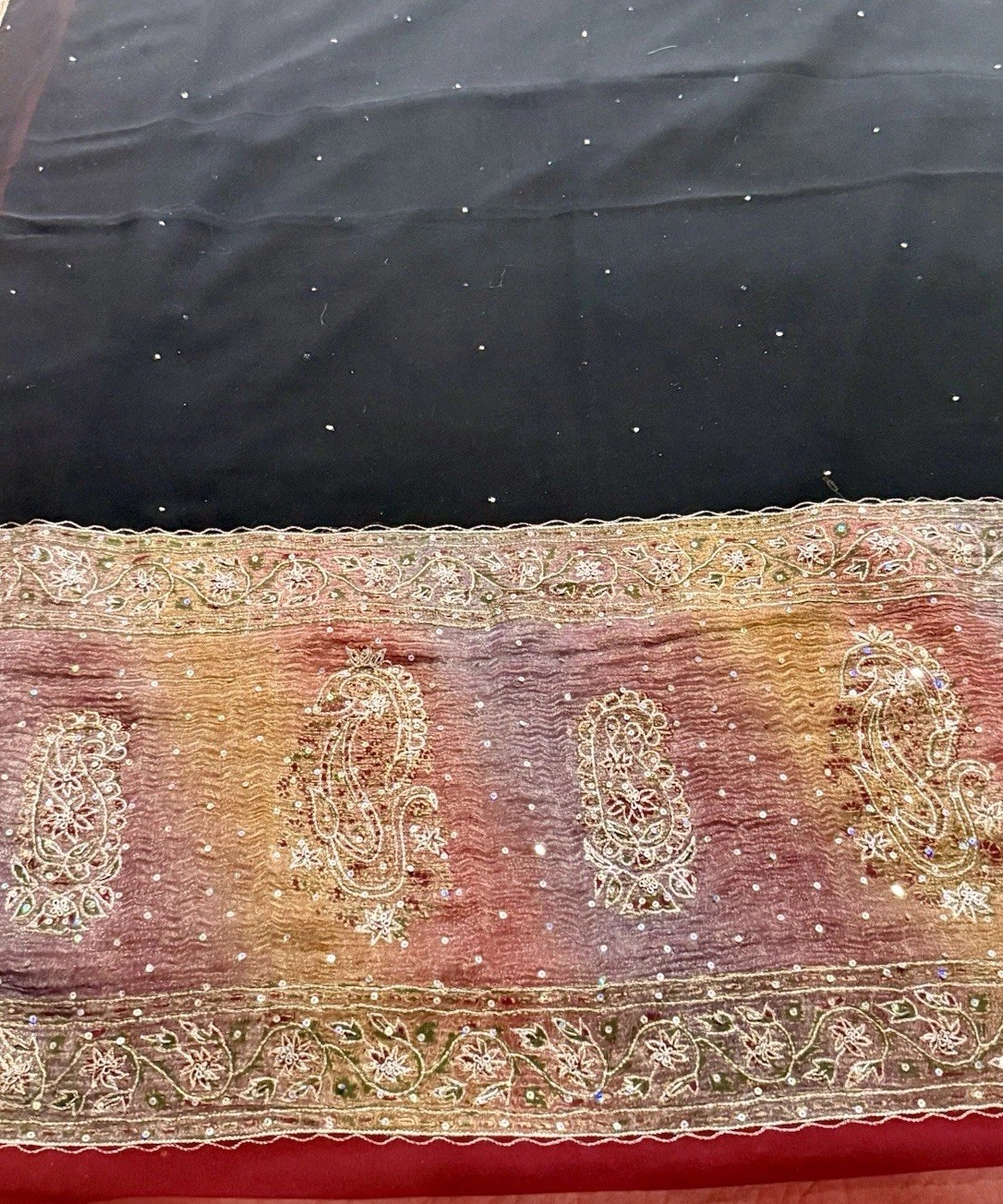 SARI CHIFFON Burgundy Embroidered Border/ Black Sequined Interior 44×200+” EUC