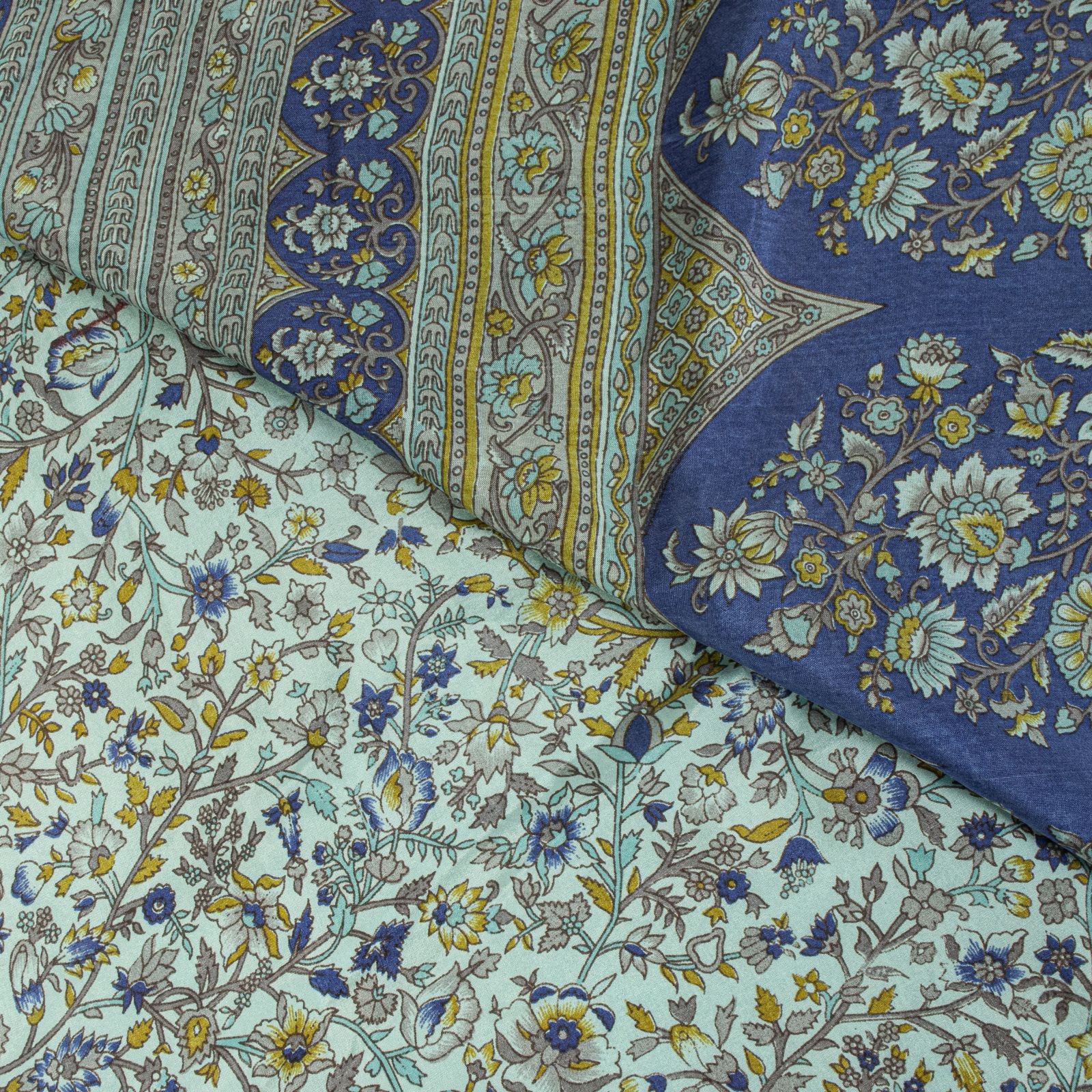 Sanskriti Vintage Saree Blue Soft 100% Pure Silk Floral Print Sari 5.5+Yd Fabric