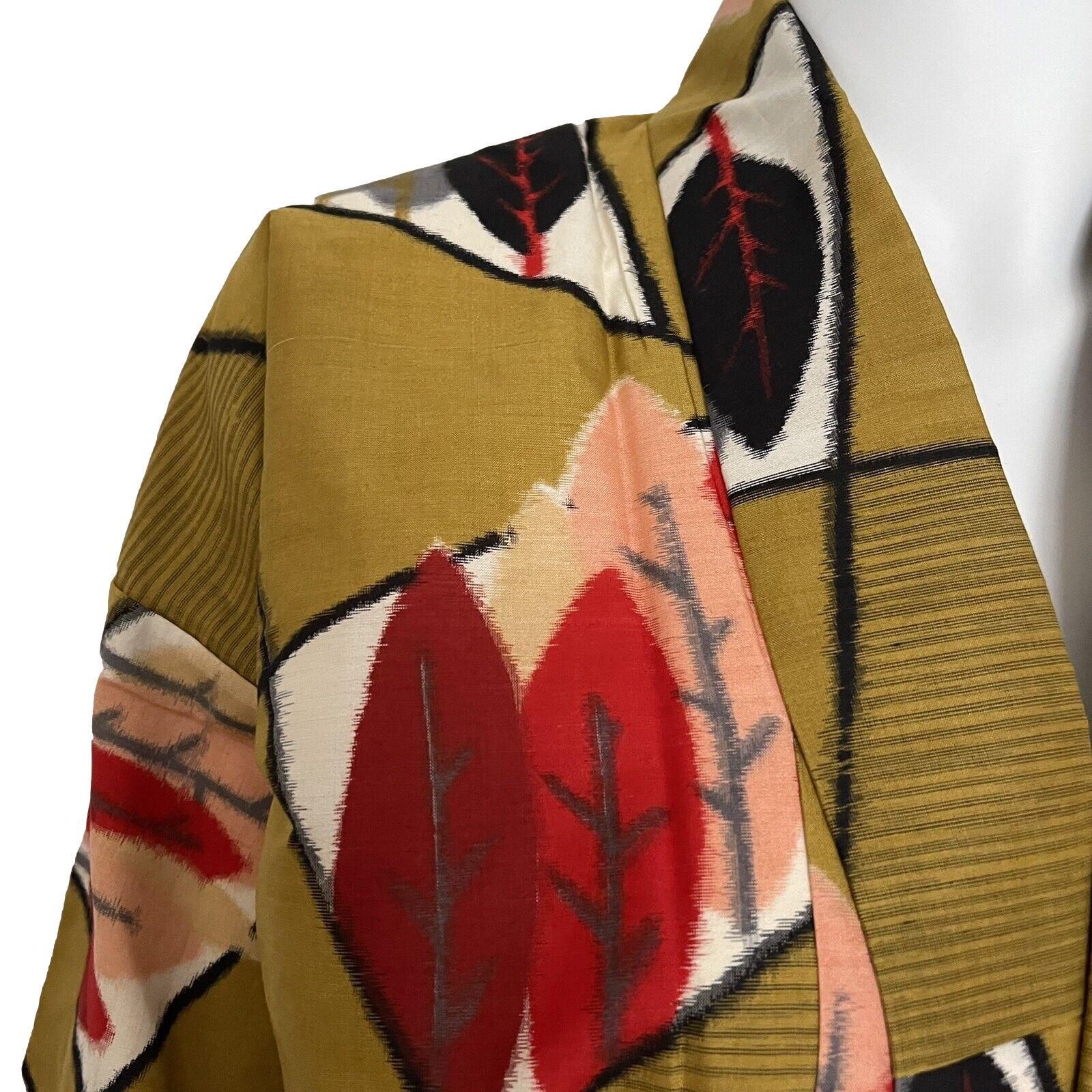 Kimono Duster Long Handmade Leaf Print Multicolor Gold Red White Pink Gray OS