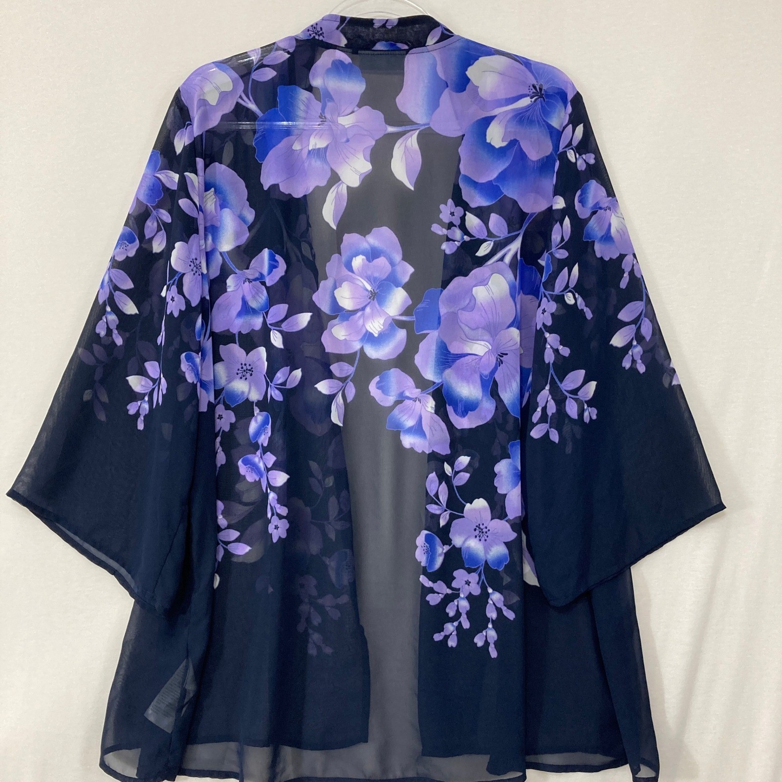Susan Graver Kimono sz XL Blue Purple Floral Sheer Chiffon Vacation Soft Flowy