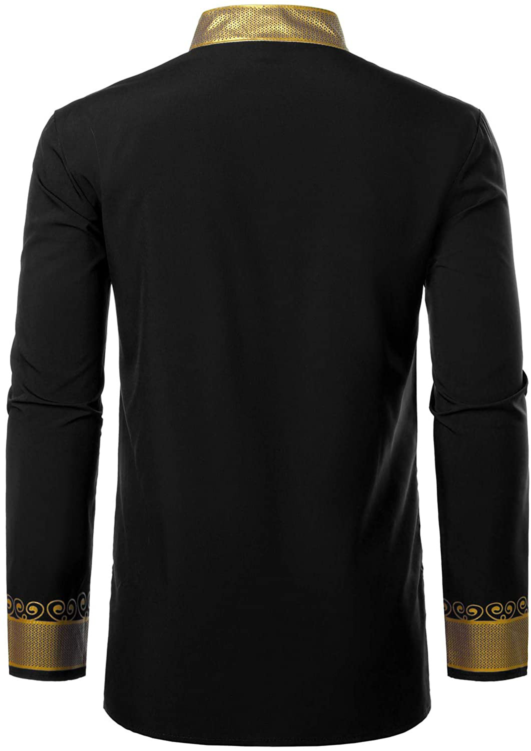 LucMatton Men’s African Dashiki Luxury Metallic Gold Printed Mandarin Collar Shi