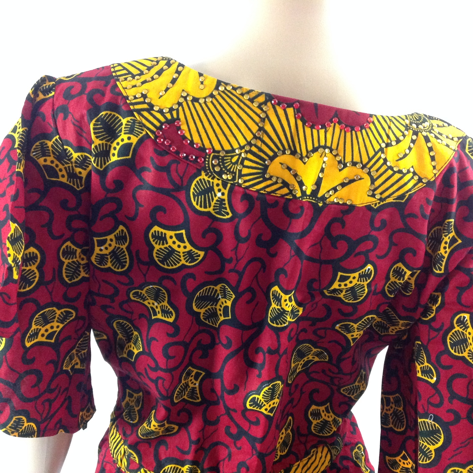 Womens Embellished V Neck Top African Kanga Print Ankara Flare Sleeve Red Sz 12