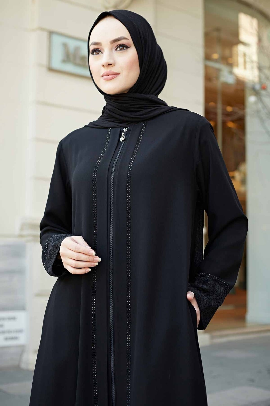 istanbulstyles Women’s Abaya Lace Applique Long Sleeve Floor Length Zipper Floor