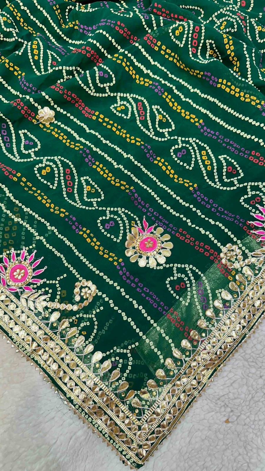 Women Green Bandhej Saree Georgette Fabric Gota Patti With Unstitched Blouse