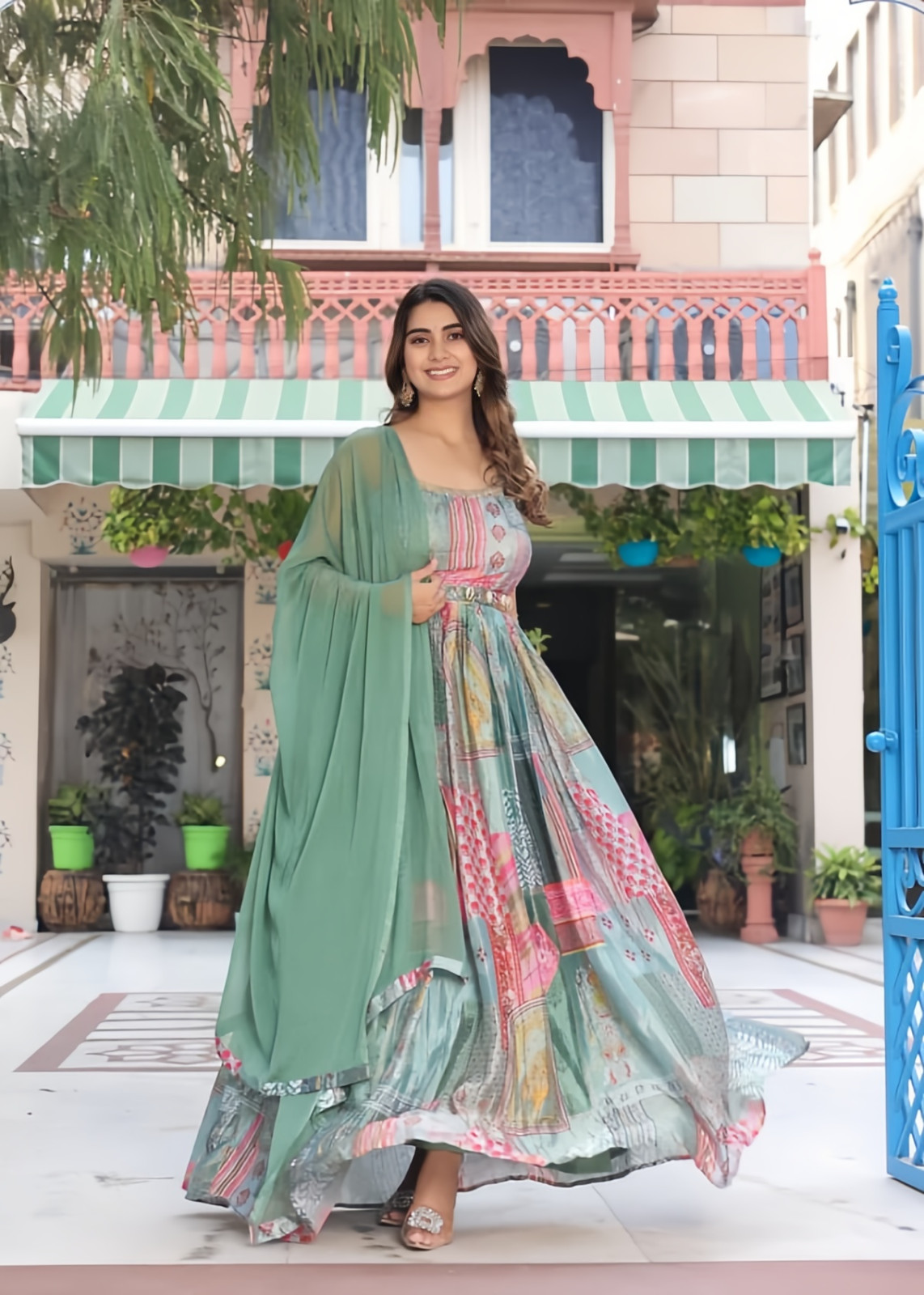 Traditional Indian Anarkali Gown Multicolour Patchwork Design Floor Length